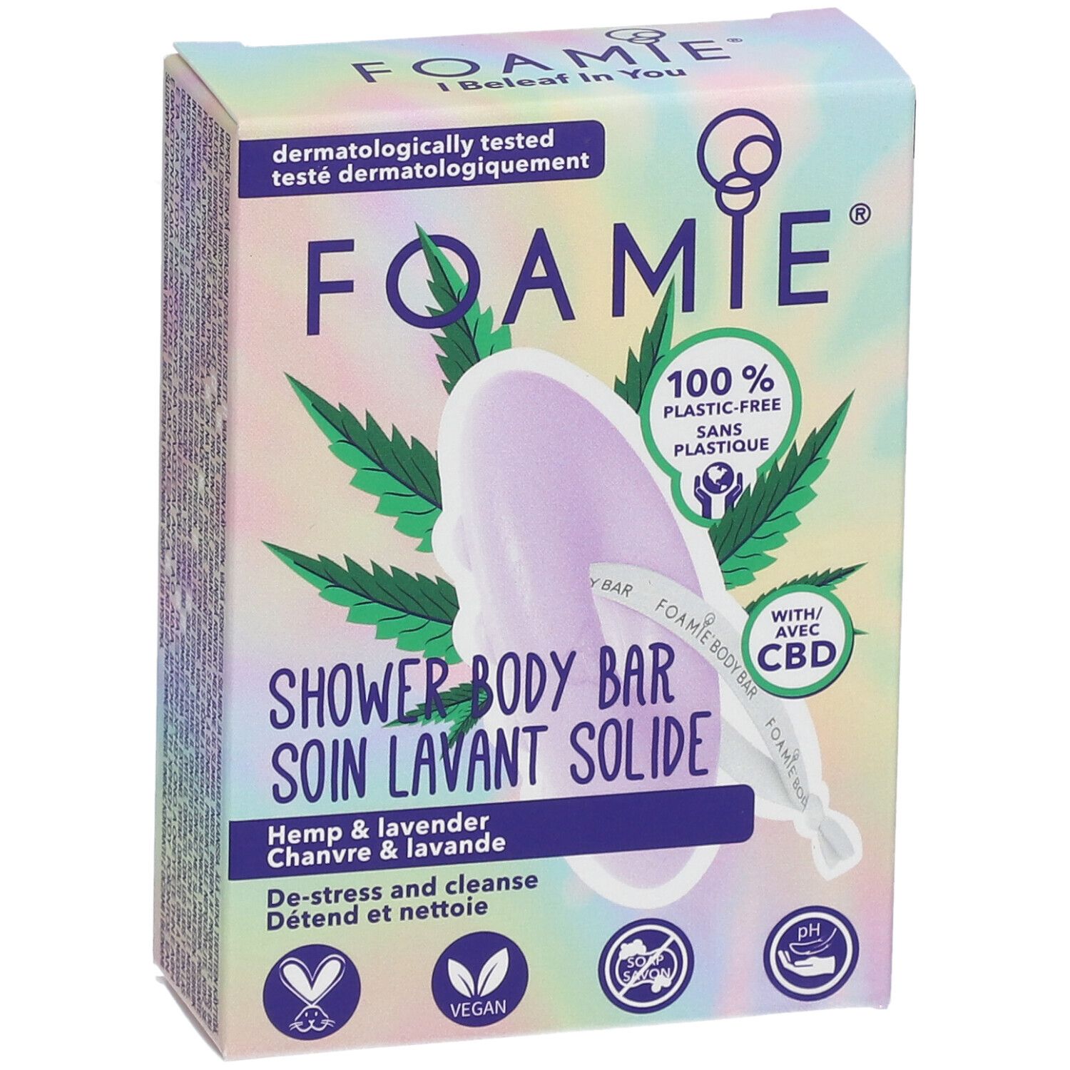 Verpakking van FOAMIE douche bar. Hennep en lavendel. Veganistisch, plasticvrij. Met CBD.