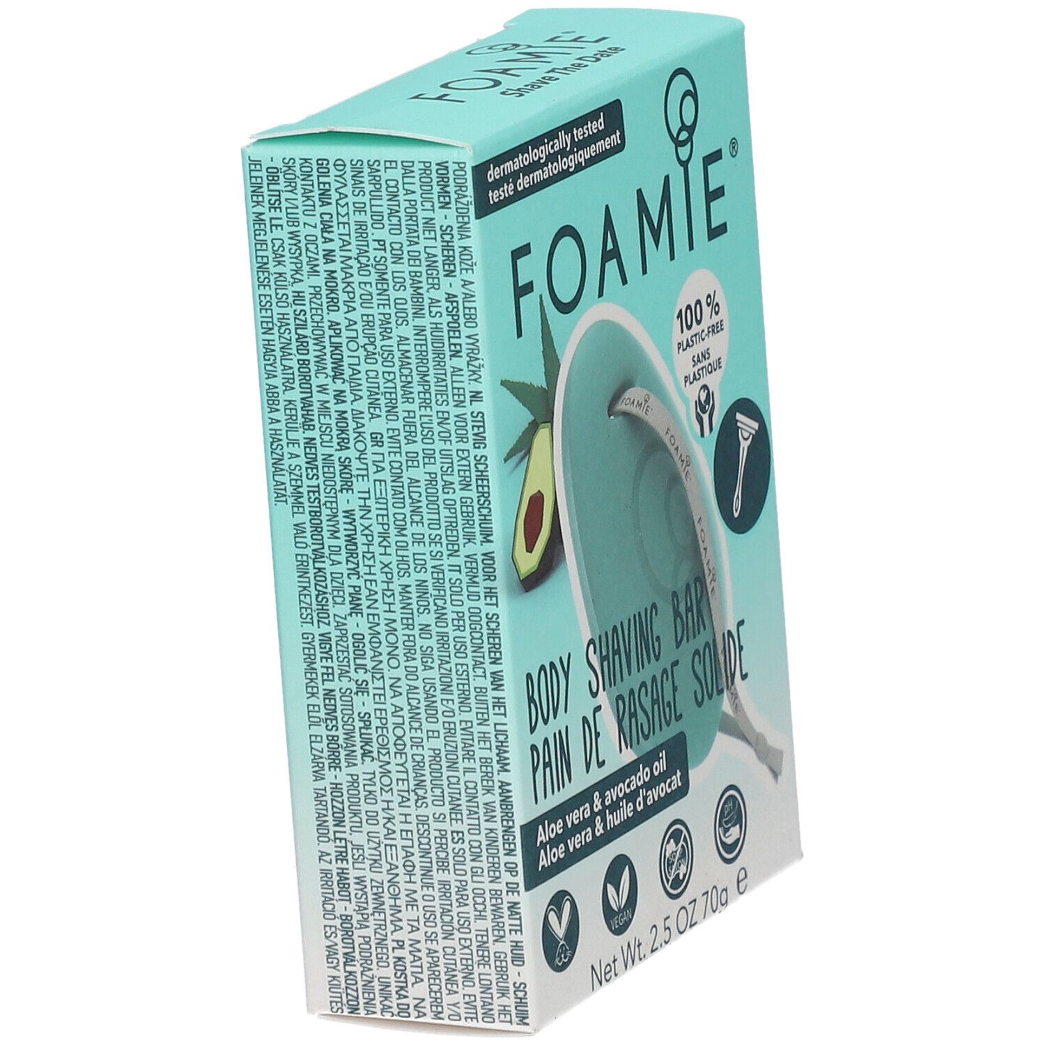 Emballage turquoise. Inscription: FOAMIE, Body Shaving Bar. Aloe Vera & huile d'avocat. 100% sans plastique. Testé dermatologiquement.