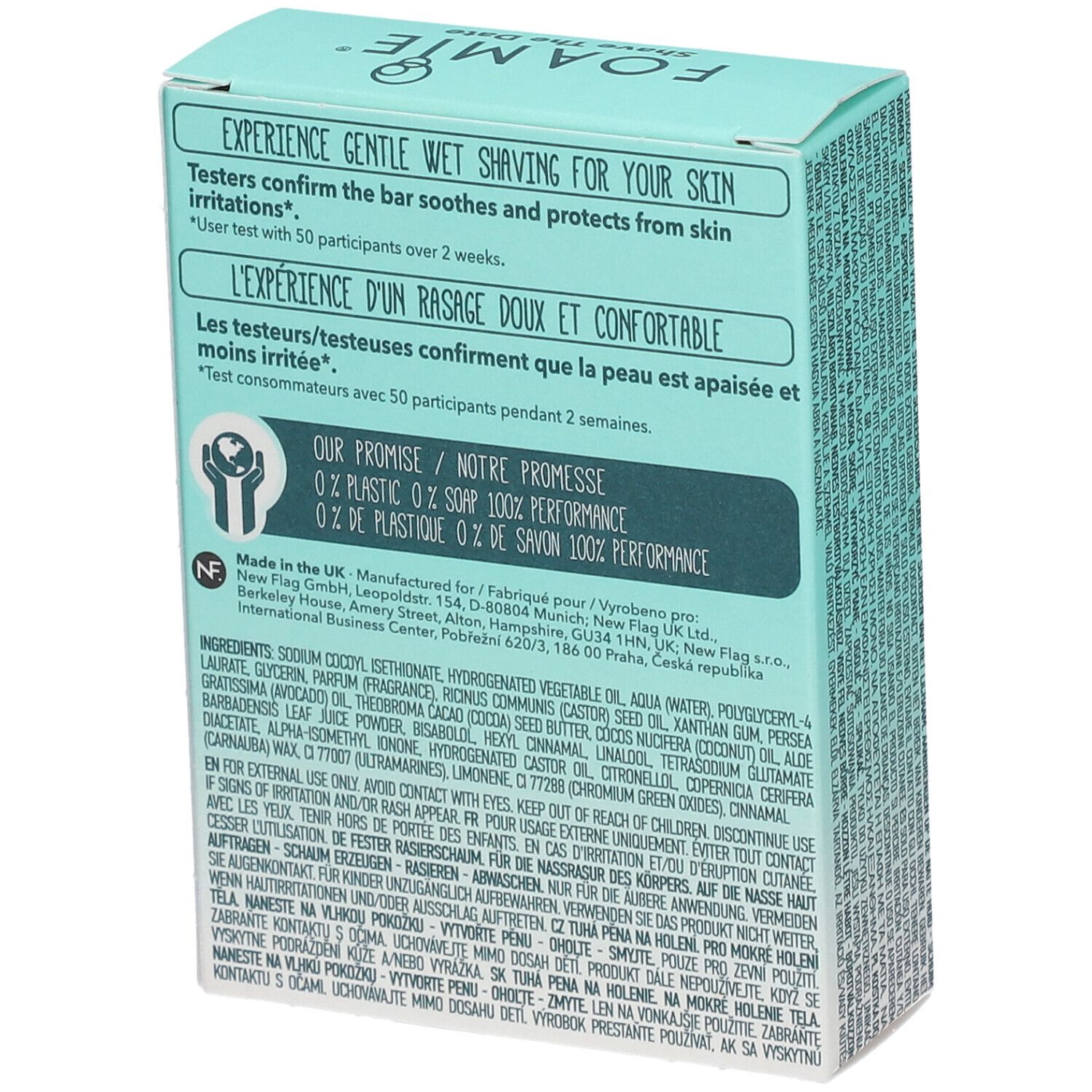 Dos de l'emballage. Texte: Rasage doux pour votre peau. 0% plastique. Ingrédients. Fabriqué au Royaume-Uni.