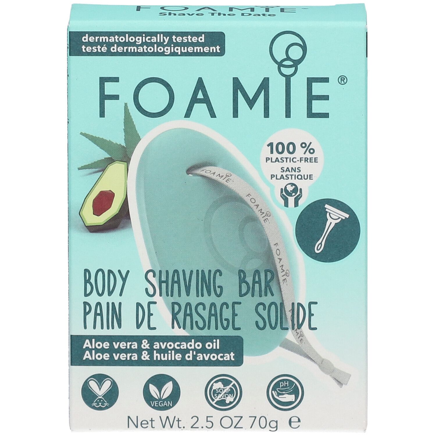 Face avant de l'emballage. Inscription: FOAMIE, Body Shaving Bar. Aloe Vera & huile d'avocat. 100% sans plastique. Vegan.