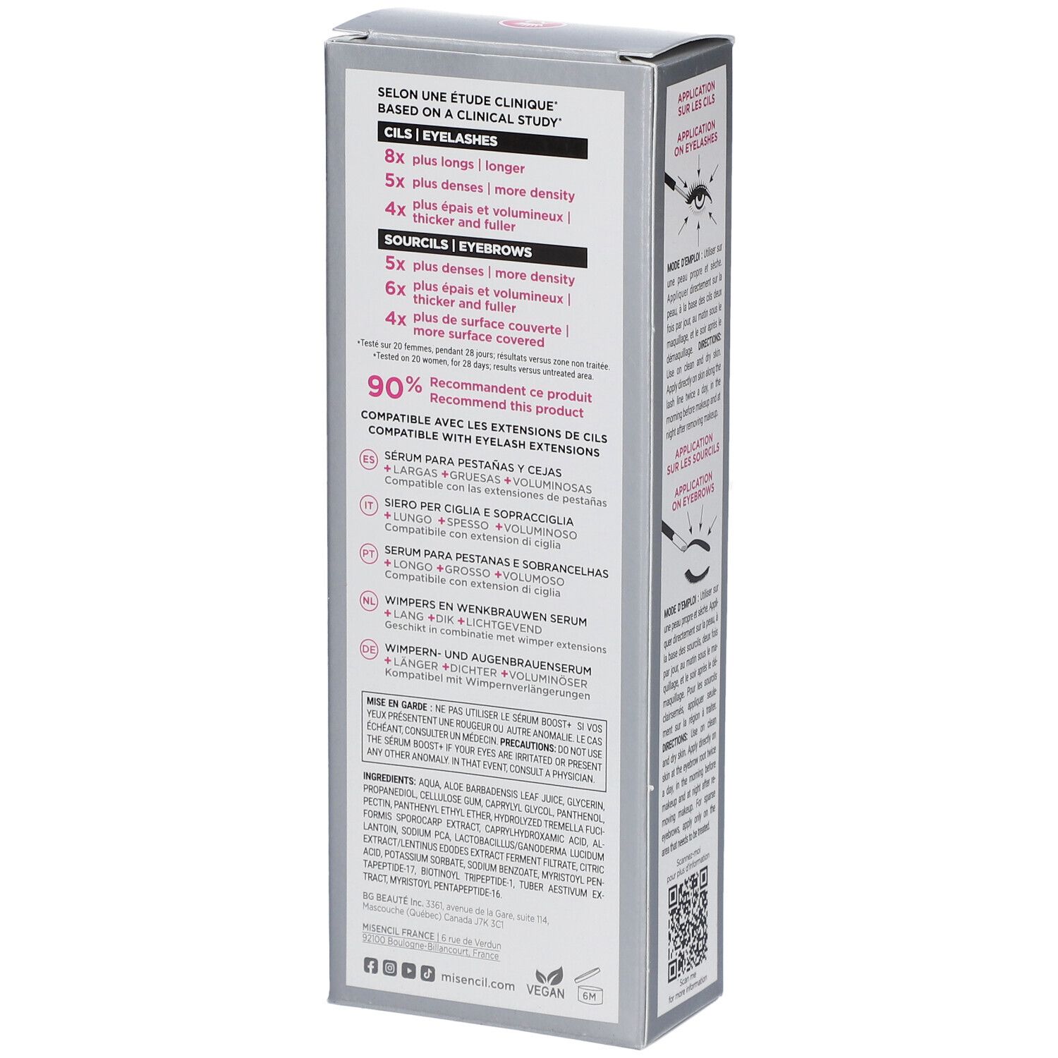 Dos de la boîte MISENCIL® Boost Sérum. Texte: Résultats, ingrédients, recommandations. Boîte grise.