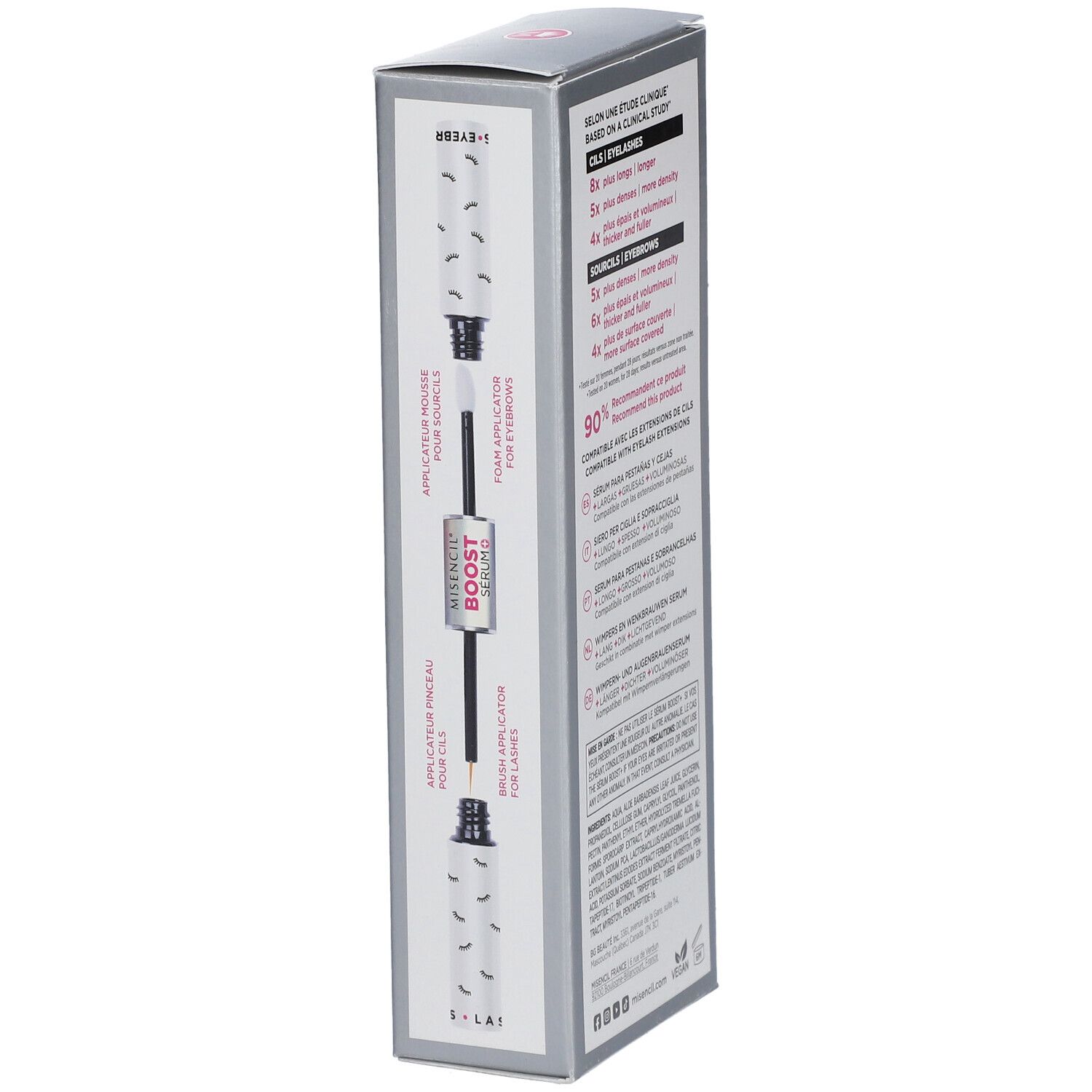 Boîte MISENCIL® Boost Sérum. Illustration double applicateur. Texte: Applicateur cils et sourcils. Boîte grise.