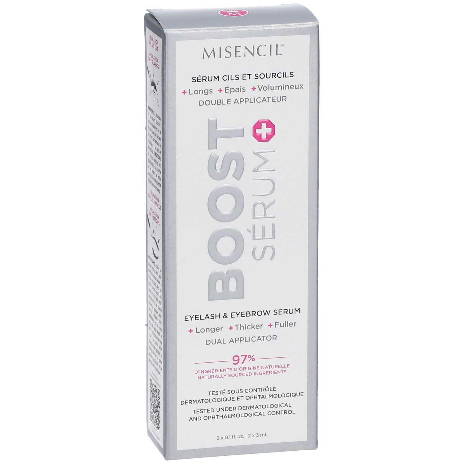 Boîte MISENCIL® Boost Sérum. Texte: Sérum cils et sourcils. Double applicateur. Boîte grise. 2x0.1 fl oz/2x3 ml.