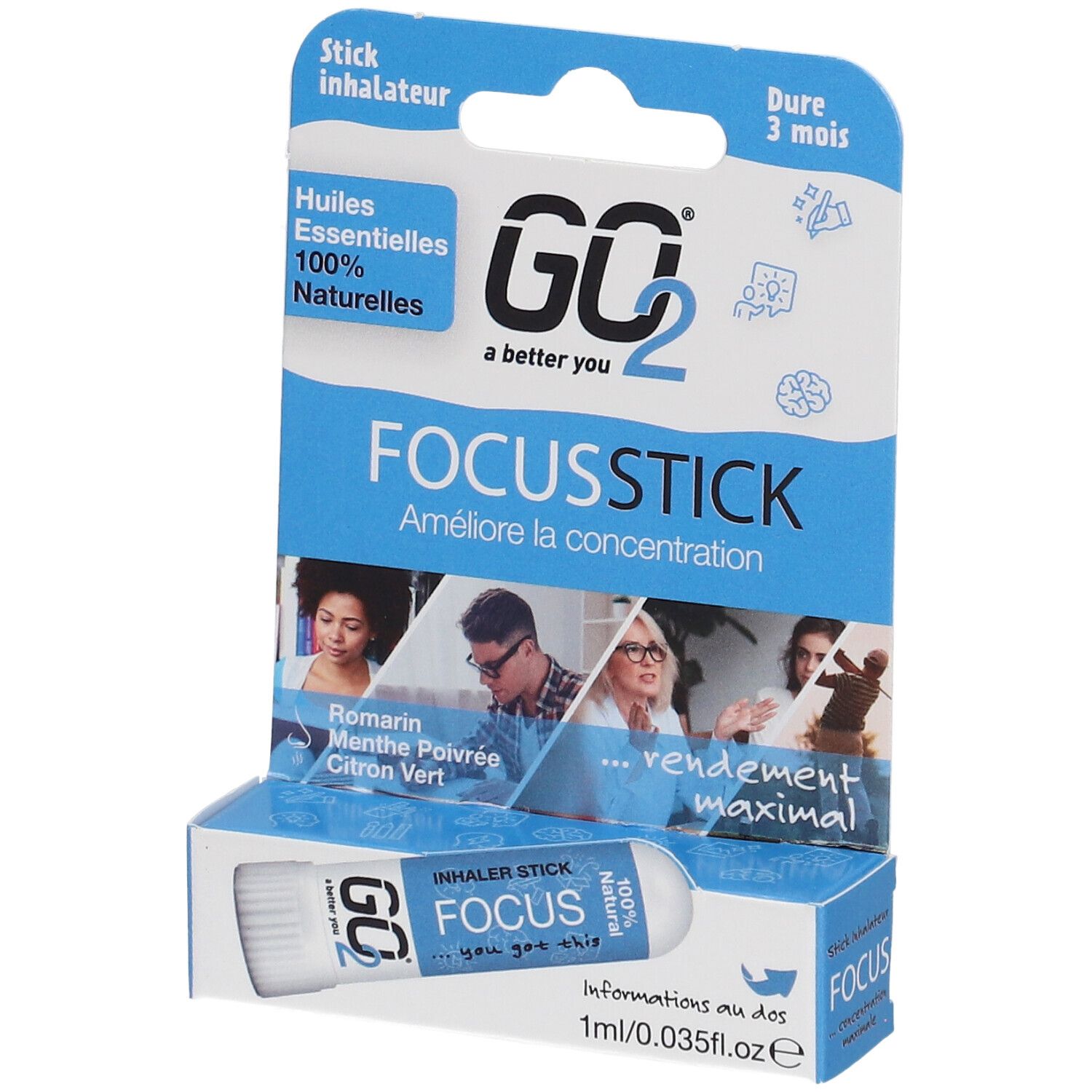 GO2 Focus Stick in blisterverpakking. Witte inhalator met blauwe tekst. Verpakking met productnaam en logo.