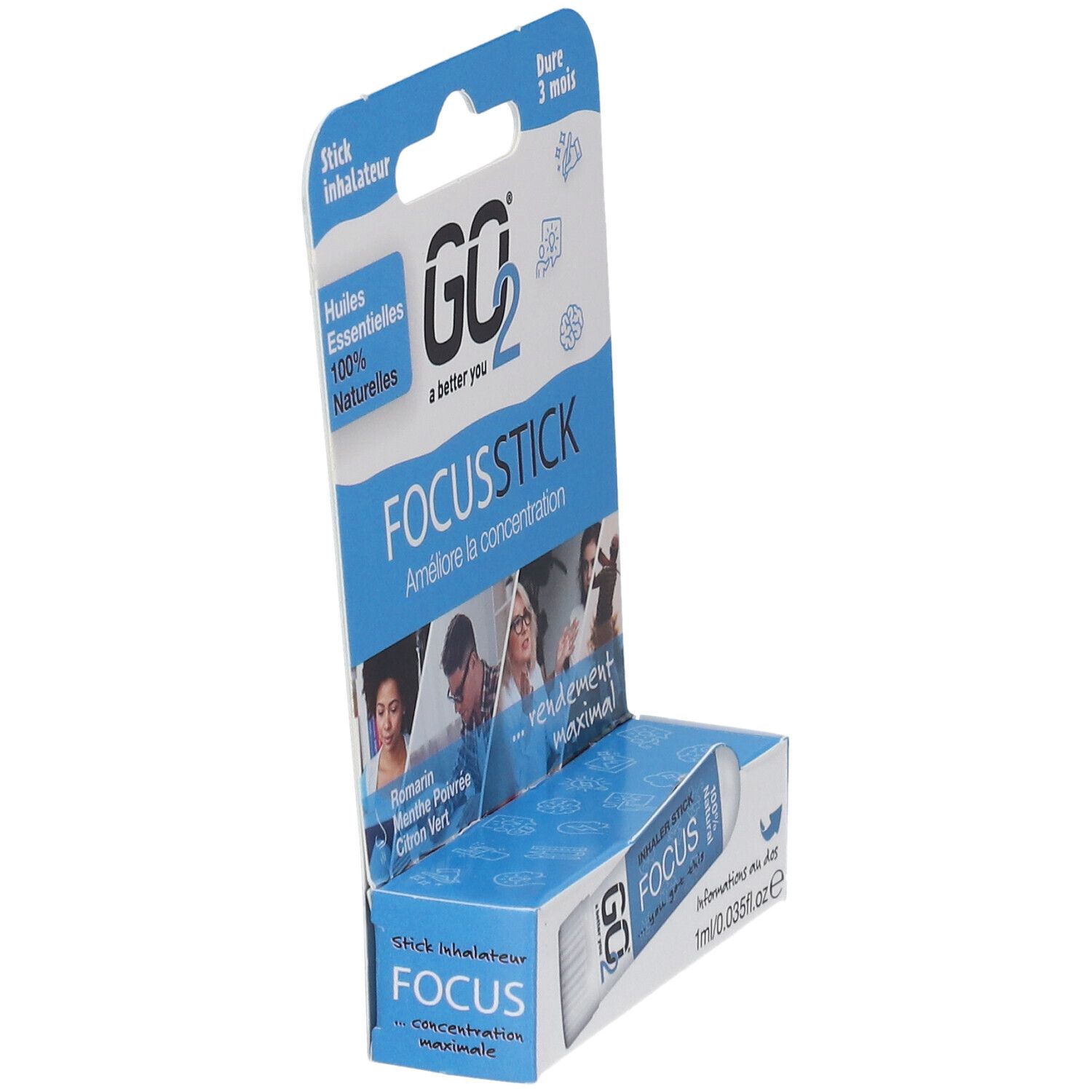 GO2 Focus Stick in blisterverpakking. Witte inhalator met blauwe tekst. Verpakking met productnaam en logo.