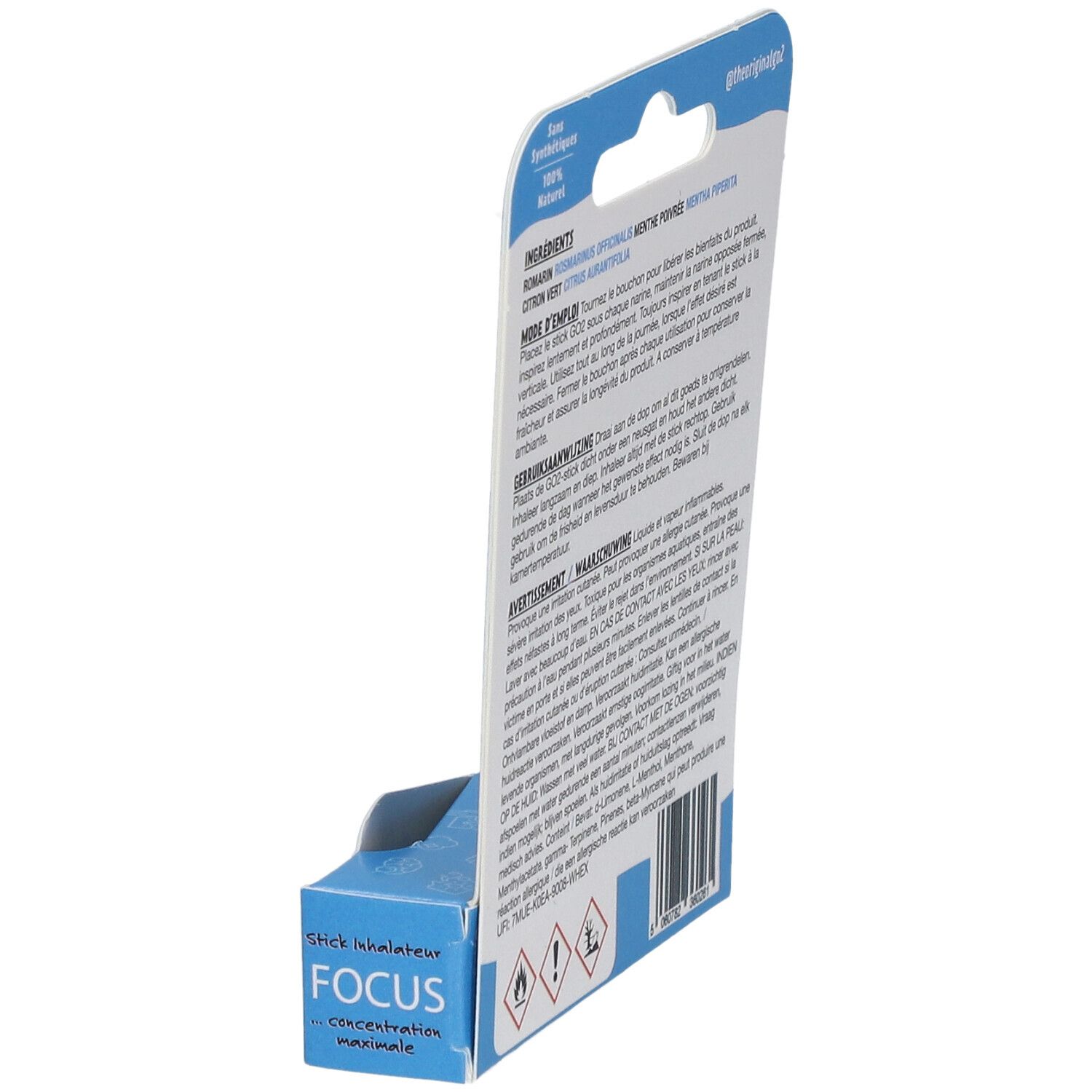 Achterkant van de GO2 Focus Stick verpakking. Tekst in meerdere talen. Informatie over ingrediënten en gebruik.
