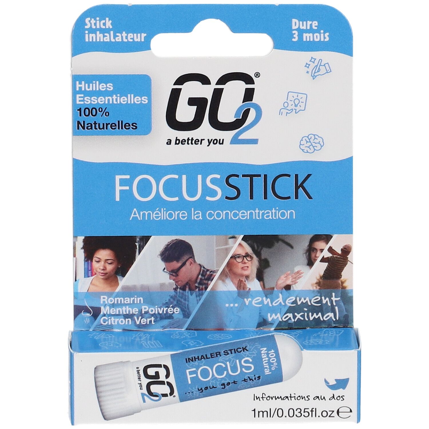 GO2 Focus Stick in blisterverpakking. Witte inhalator met blauwe tekst. Verpakking met productnaam en logo.