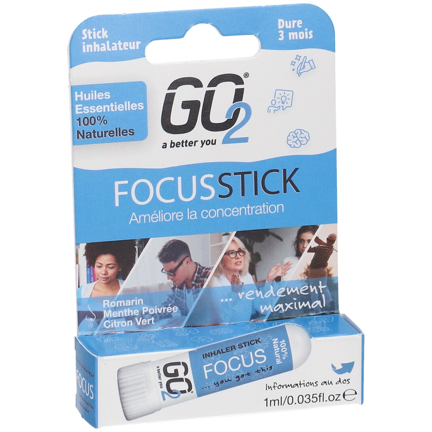 GO2 Focus Stick in blisterverpakking. Witte inhalator met blauwe tekst. Verpakking met productnaam en logo.