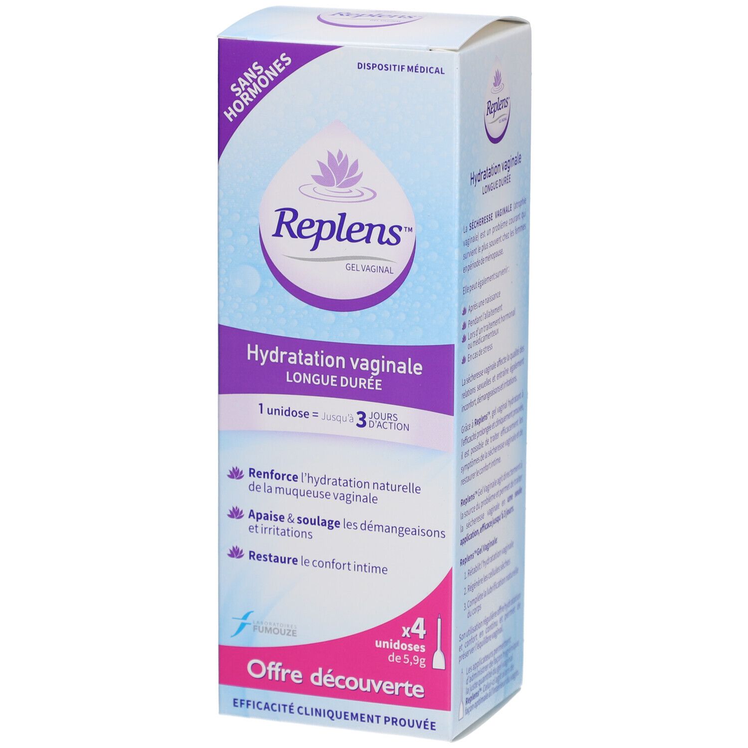 Boîte Replens Gel Vaginal Unidose. Nom du produit, informations et marquage médical. Sans hormones.