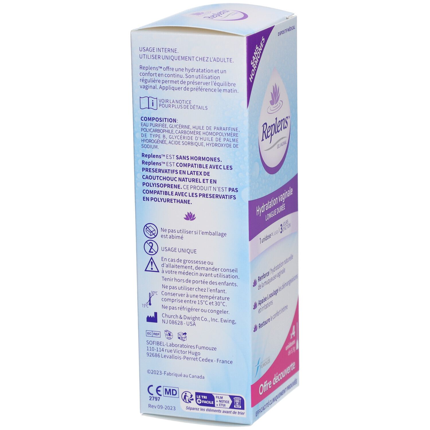 Dos de la boîte Replens Gel Vaginal Unidose. Texte sur l'utilisation, les ingrédients et les avertissements.