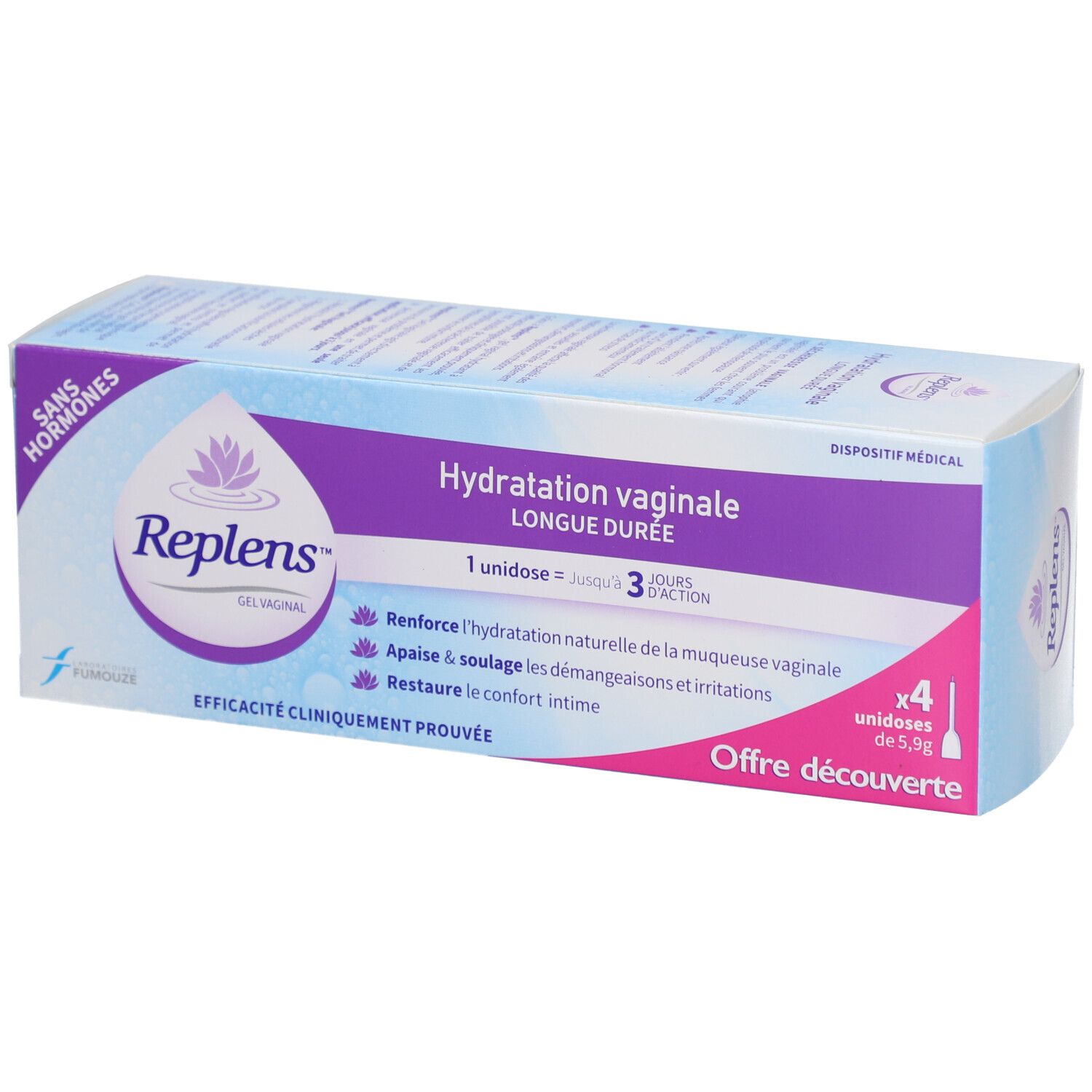 Boîte Replens Gel Vaginal Unidose. Nom du produit, informations et marquage médical.
