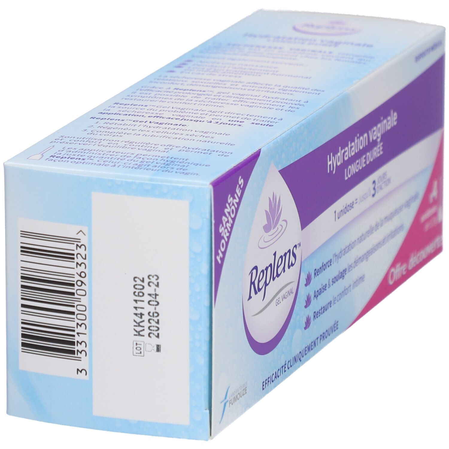 Boîte Replens Gel Vaginal Unidose. Numéro de lot et date de péremption.