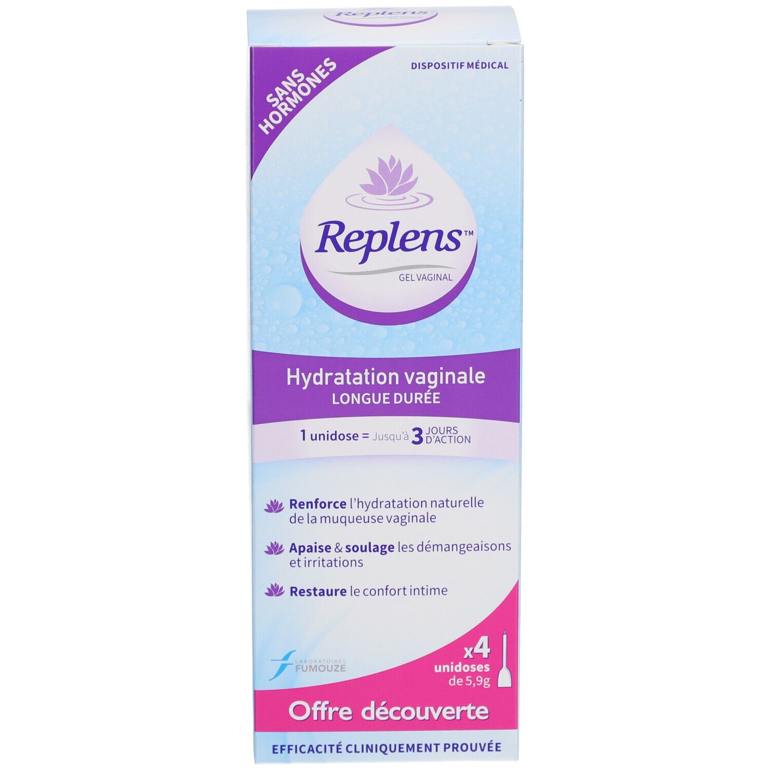 Boîte Replens Gel Vaginal Unidose. Nom du produit, informations et marquage médical.