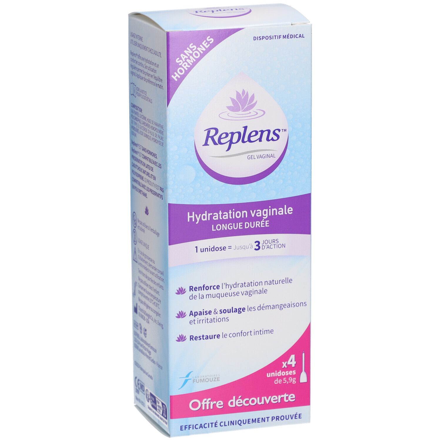 Boîte Replens Gel Vaginal Unidose. Nom du produit, informations et marquage médical.