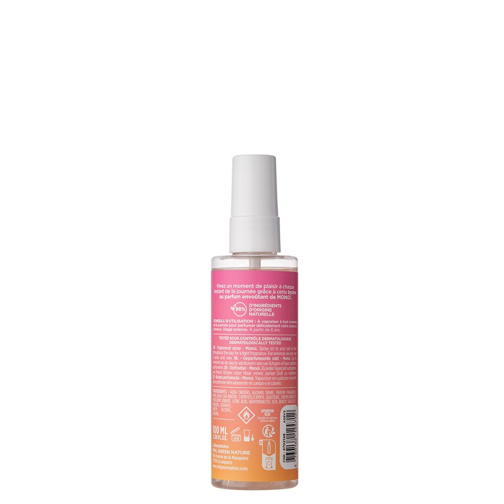 Dos du flacon de brume parfumée. Étiquette rose et jaune avec texte. Contient des informations sur les ingrédients et l'utilisation.