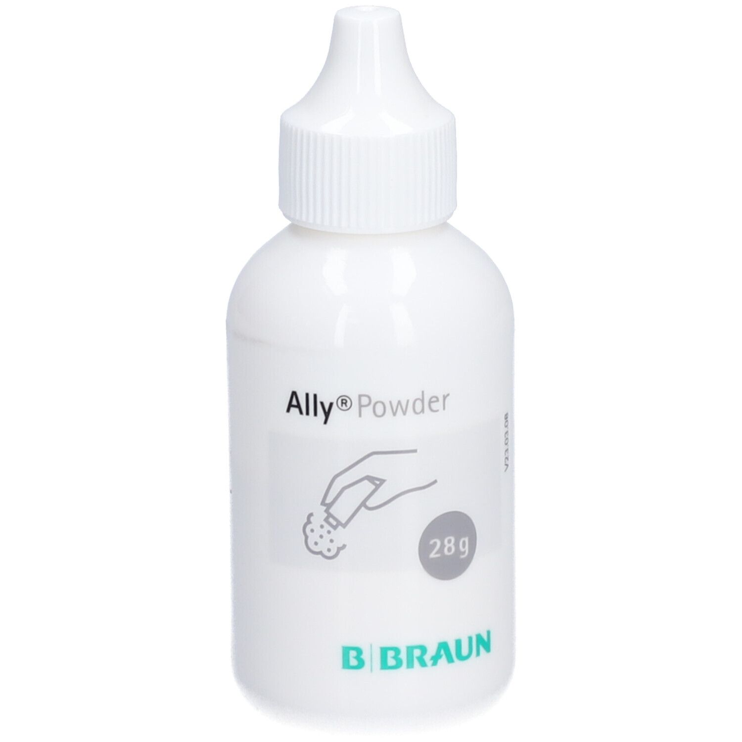 Witte fles Ally® Powder, 28g. Hand-symbool. B. Braun logo.
