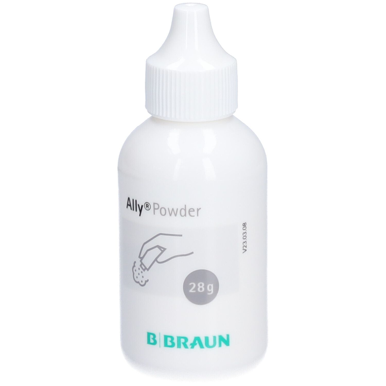 Witte fles Ally® Powder, 28g. Hand-symbool. B. Braun logo.