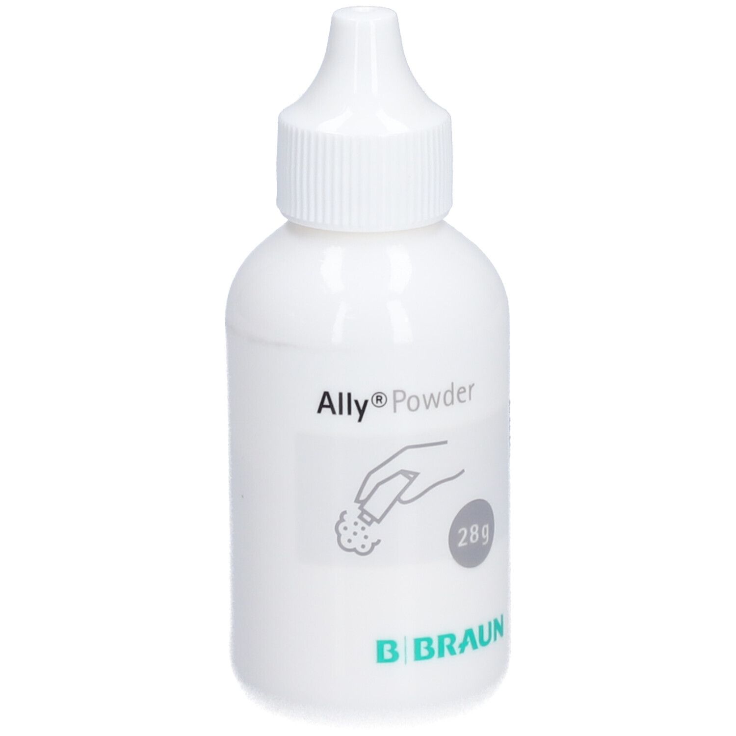 Witte fles Ally® Powder, 28g. Hand-symbool. B. Braun logo.