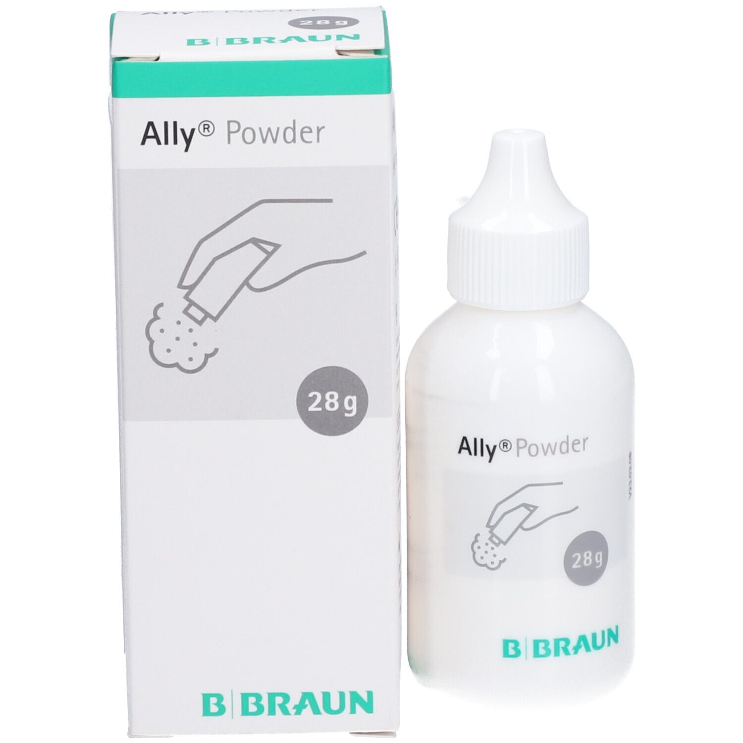Ally® Powder fles en doos. 28g. Hand-symbool. B. Braun logo.