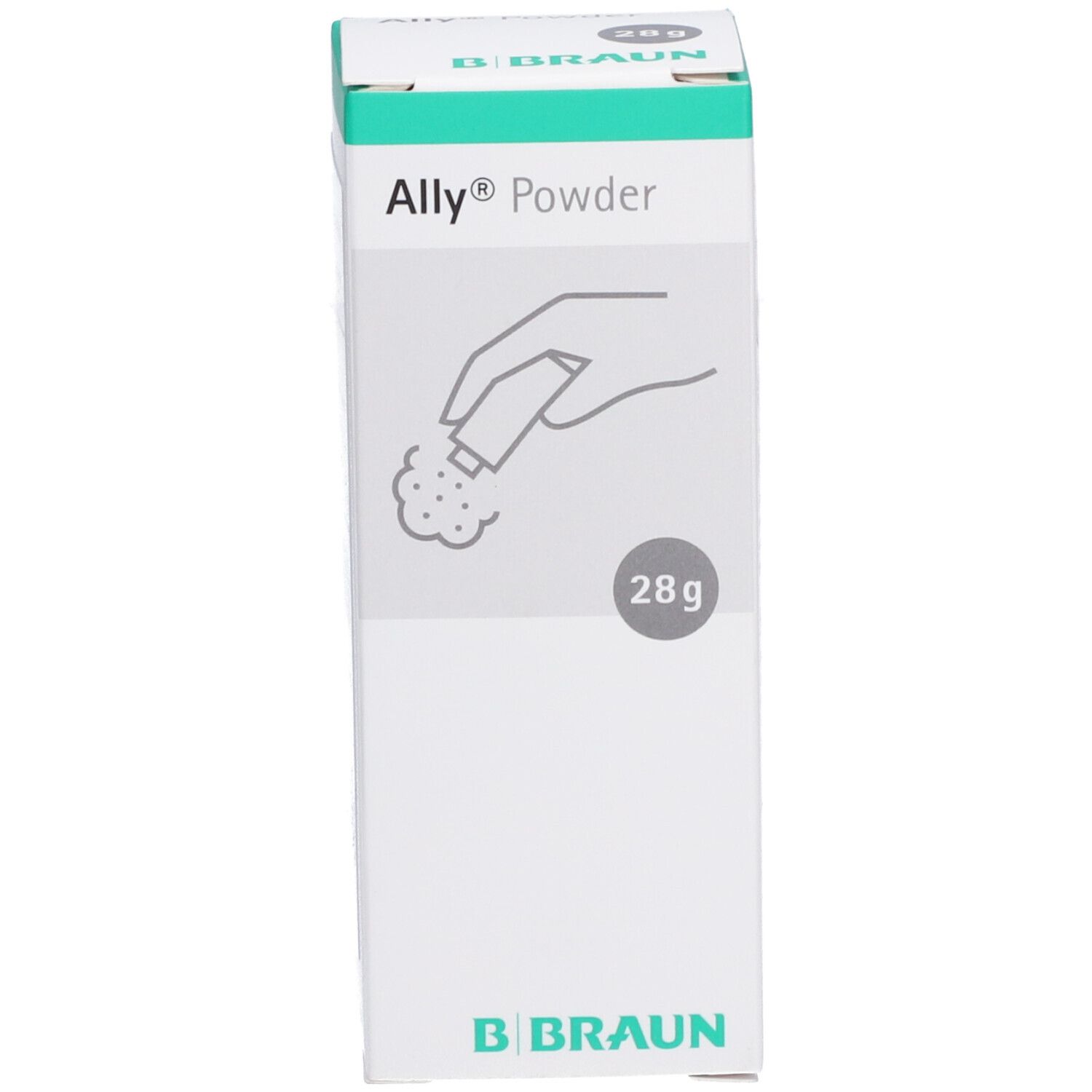 Ally® Powder doos. 28g. Hand-symbool. B. Braun logo.
