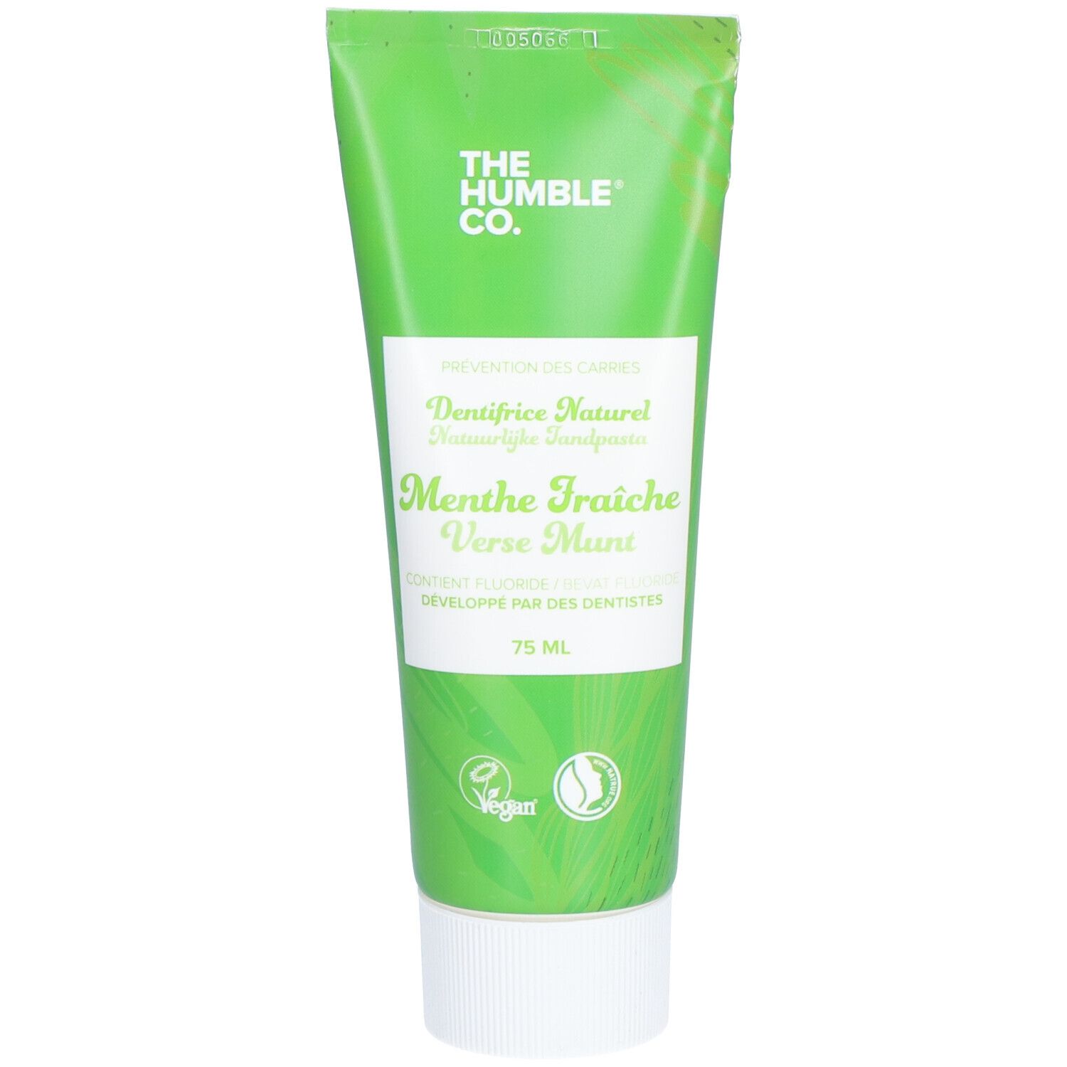 Groene tube tandpasta. Opschrift: THE HUMBLE® CO., Menthe Fraîche, vegan keurmerk. 75 ml.