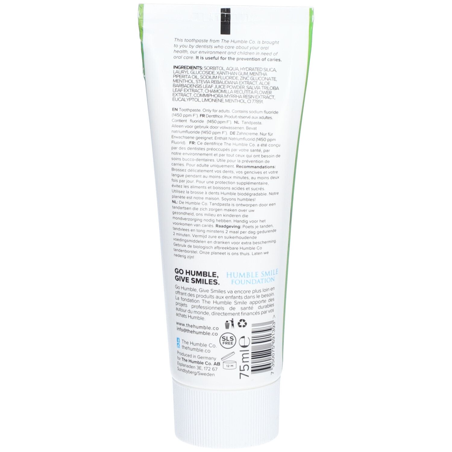 Achterkant van de tandpasta tube. Tekst: ingrediënten, gebruiksaanwijzing, vegan keurmerk. 75 ml.