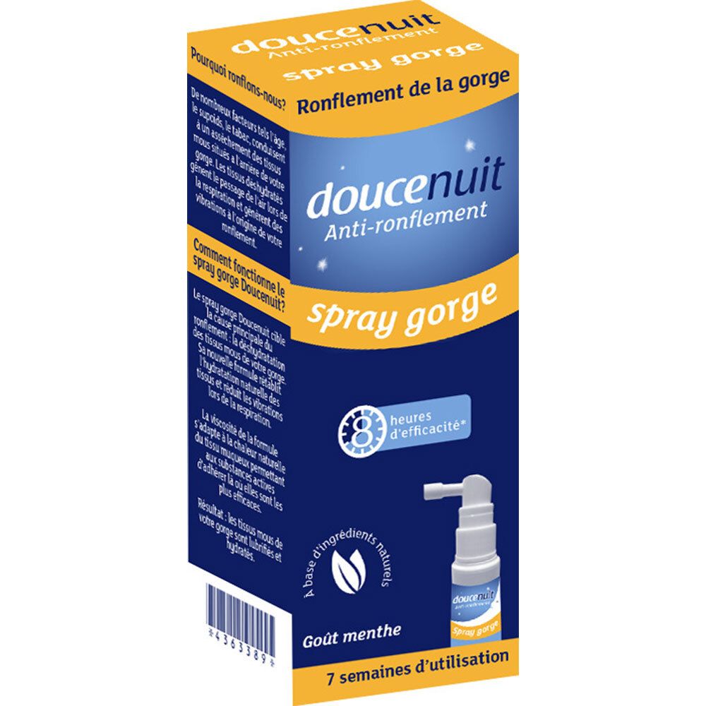 Doos DOUCENUIT Anti-snurk spray voor de keel. Blauwe en gele verpakking met productnaam en beschrijving.
