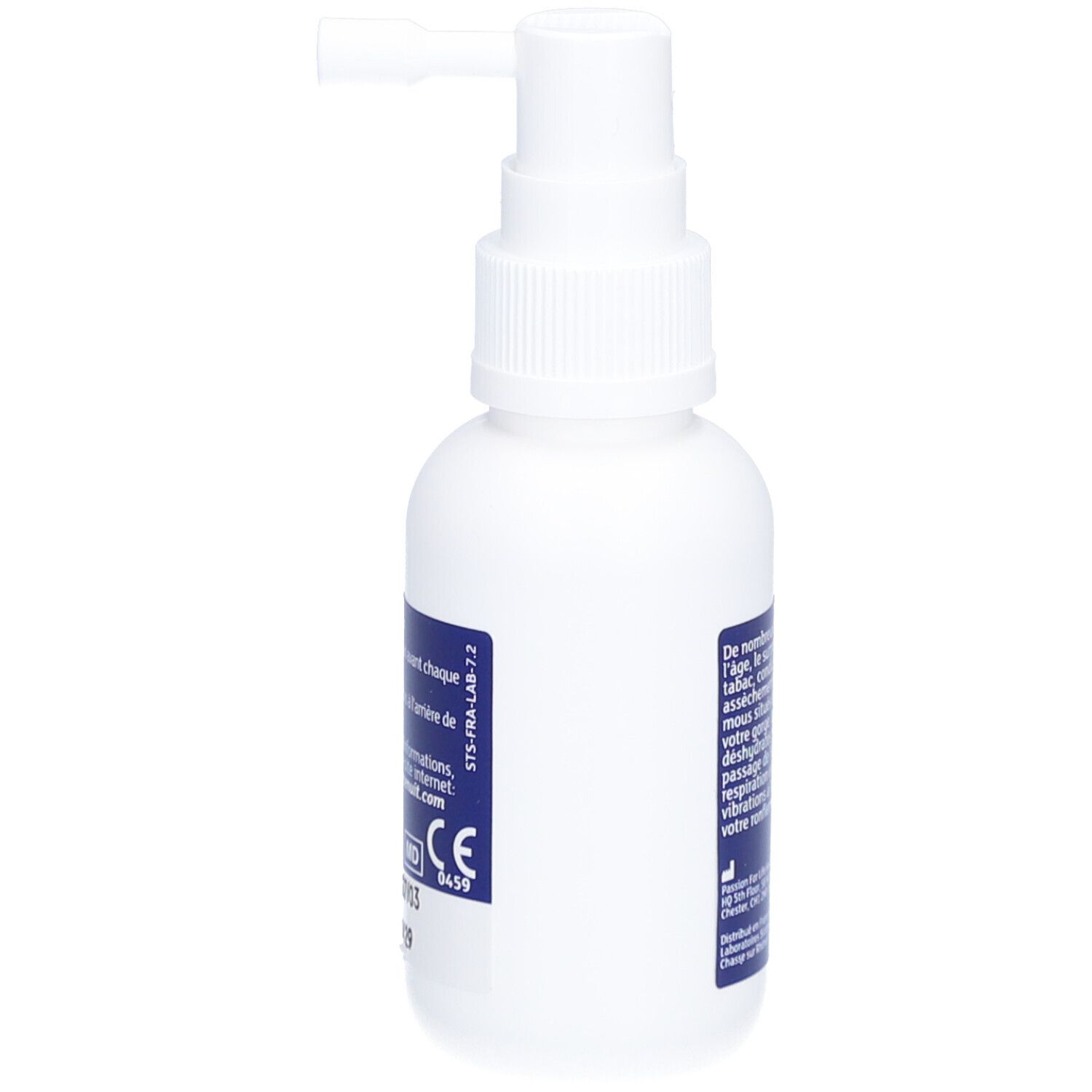 Flacon blanc avec spray. Inscription: doucenuit Anti-ronflement Spray gorge. Texte au dos et marquage CE.