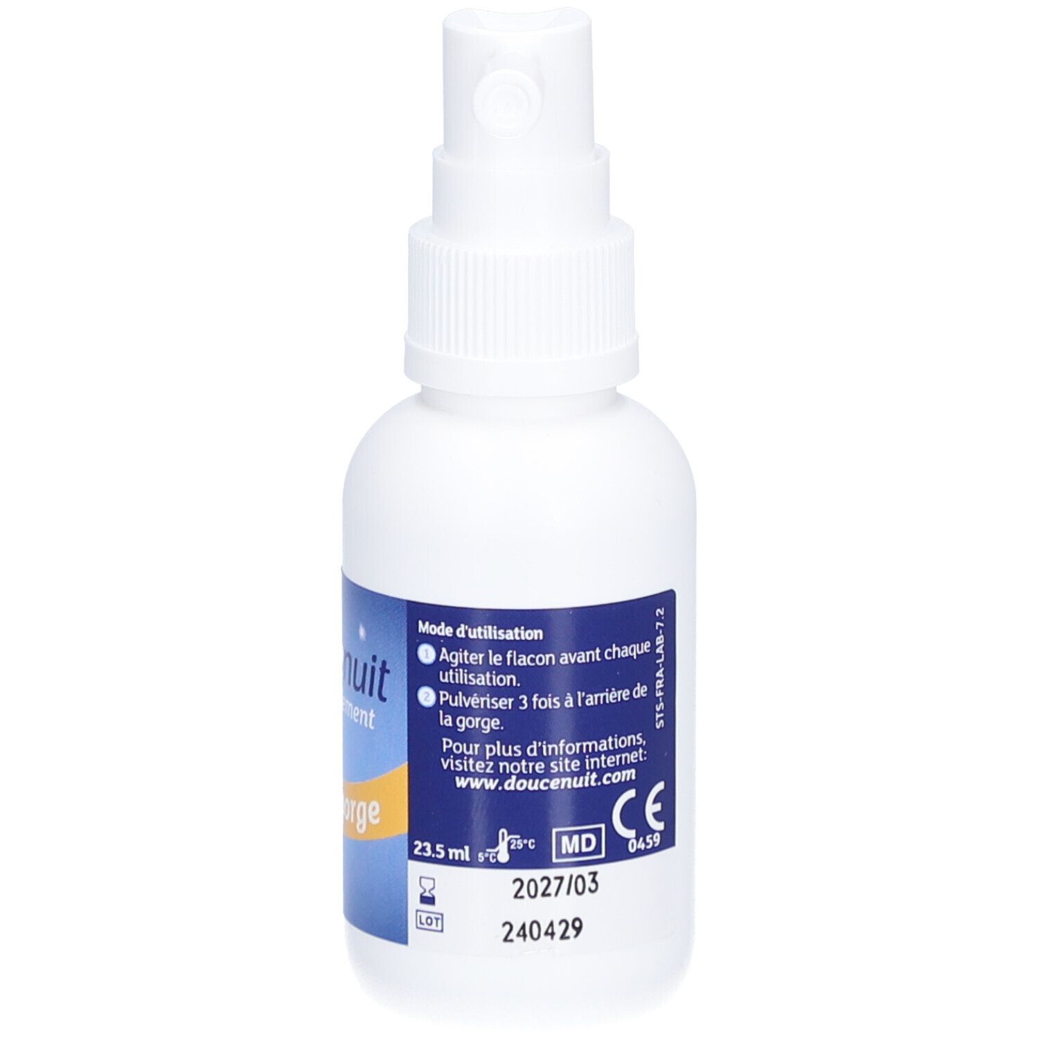 Flacon blanc avec spray. Inscription: doucenuit Anti-ronflement Spray gorge. Instructions d'utilisation au dos.