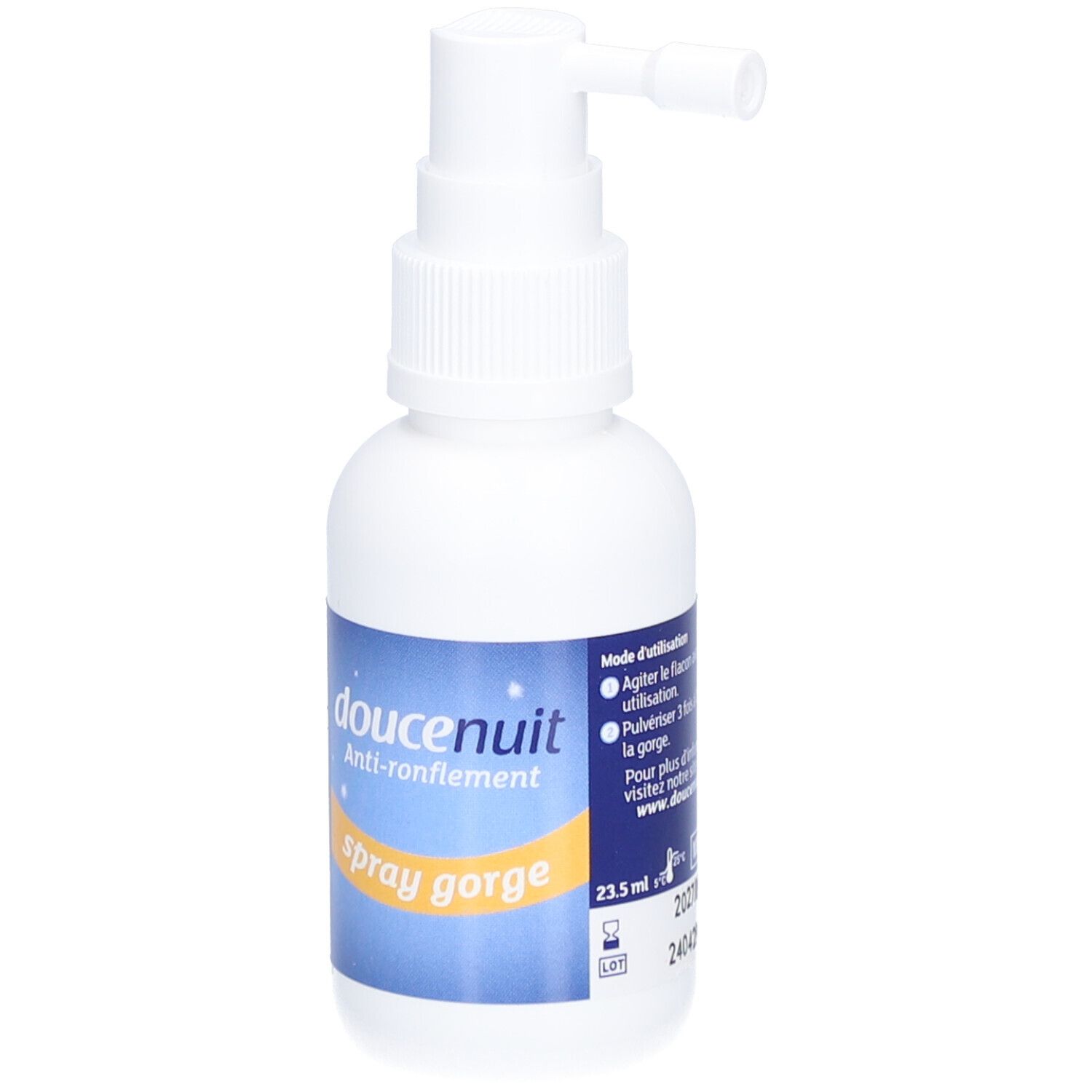 Flacon blanc avec spray. Inscription: doucenuit Anti-ronflement Spray gorge. Texte au dos.
