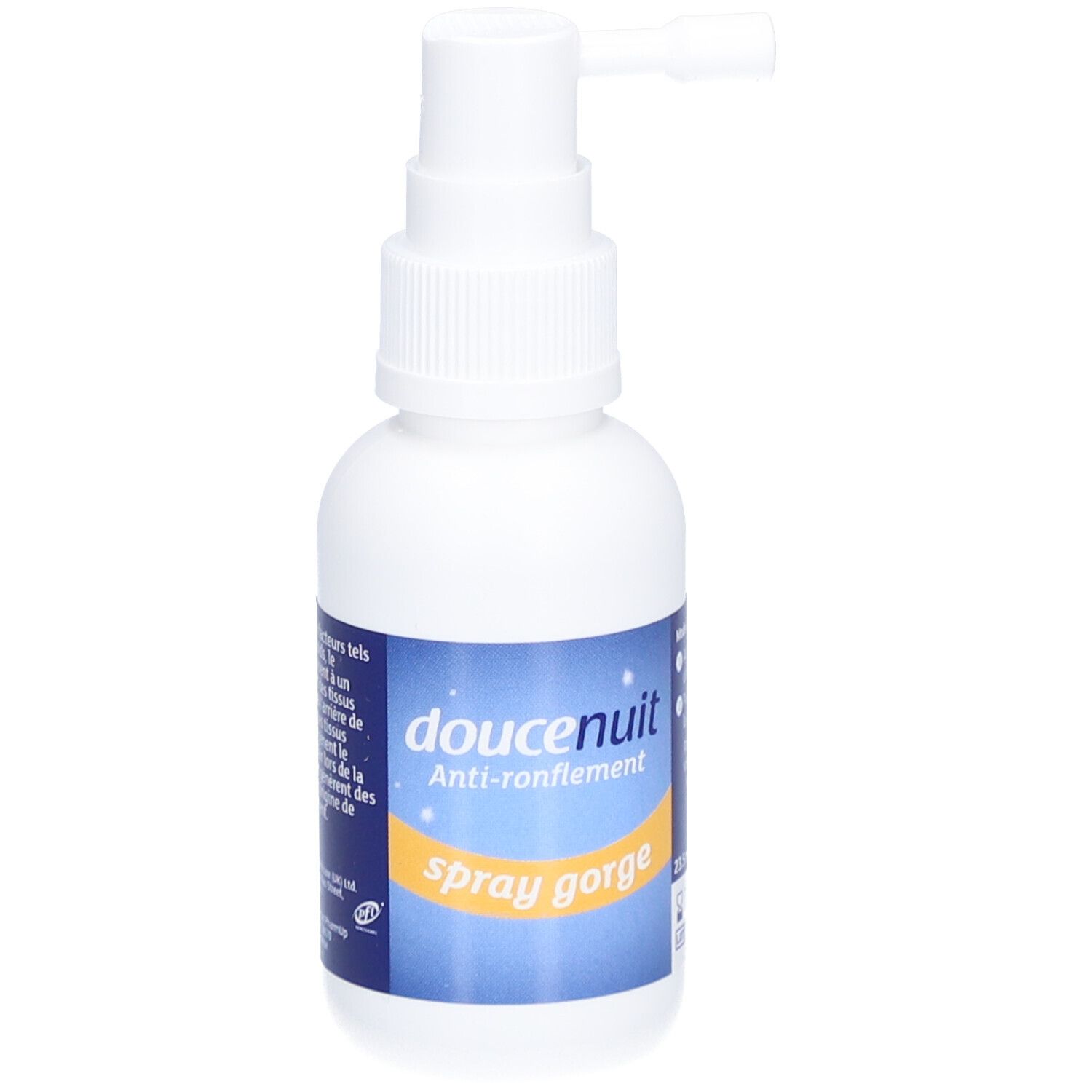 Flacon blanc avec spray. Inscription: doucenuit Anti-ronflement Spray gorge. Texte au dos.