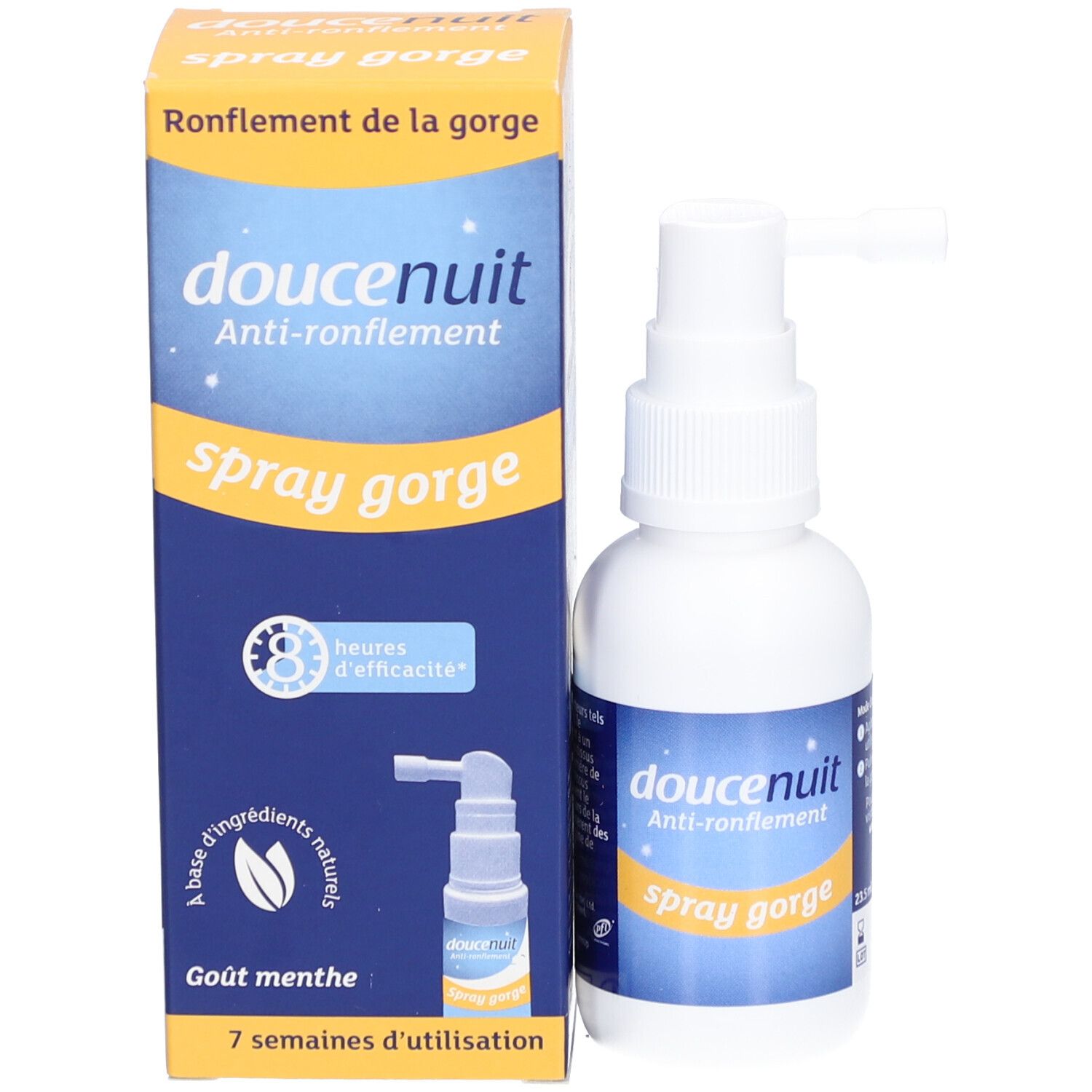 Emballage et flacon. Inscription: doucenuit Anti-ronflement Spray gorge. Boîte avec image du produit.