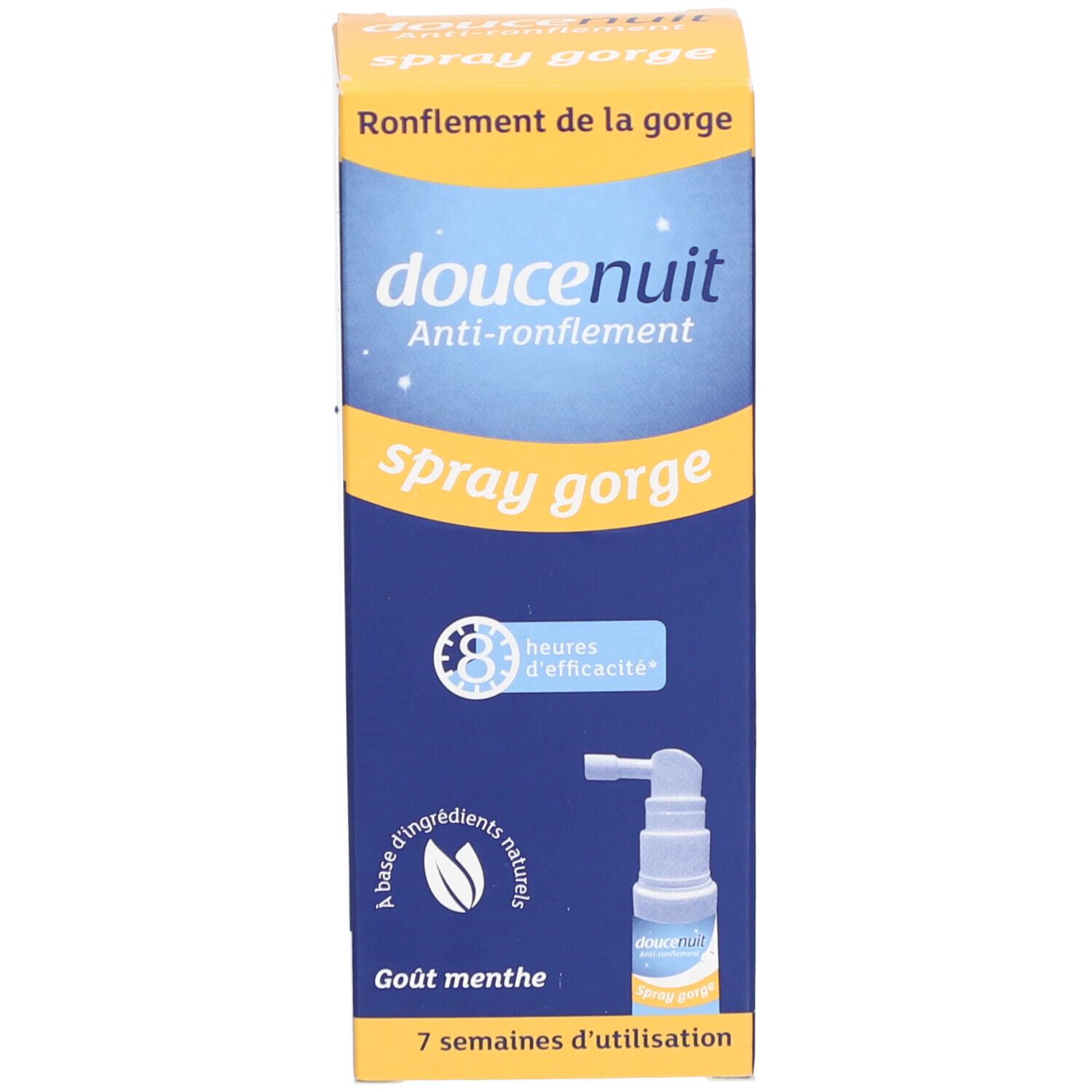 Emballage du produit. Inscription: doucenuit Anti-ronflement Spray gorge. Boîte avec image du produit.