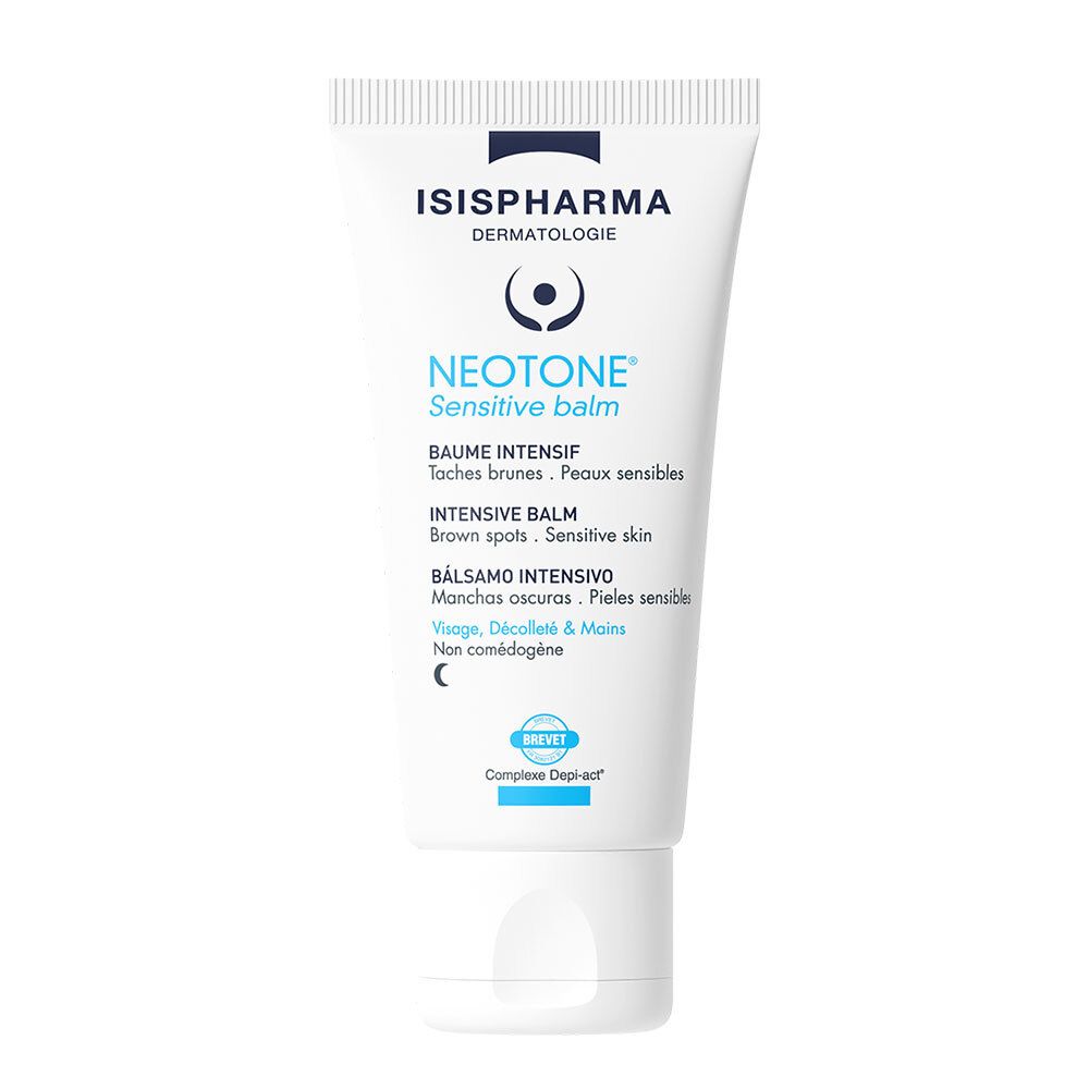 Witte tube ISISPHARMA Neotone Sensitive Balm. Tekst: Baume Intensif, Bruine vlekken, Gevoelige huid.