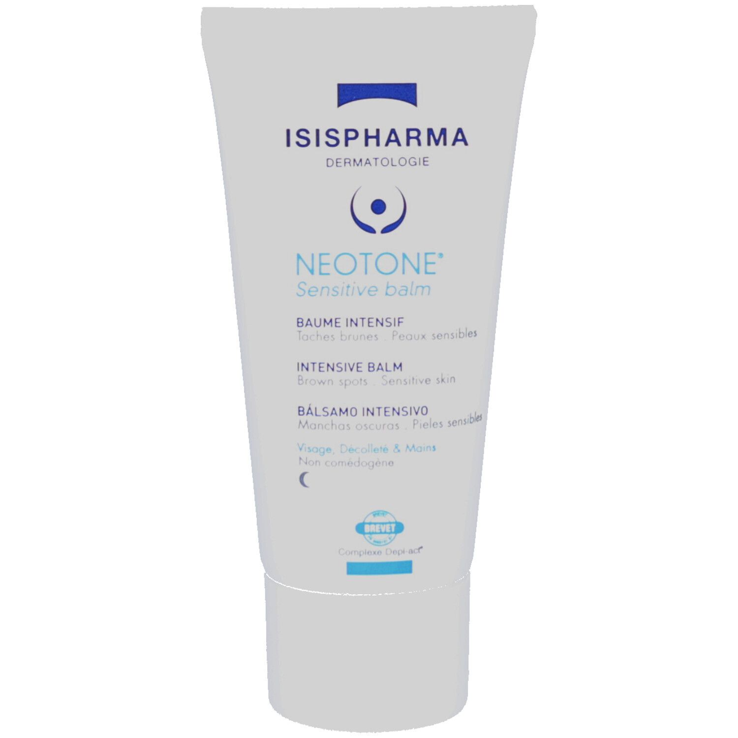 Witte tube ISISPHARMA Neotone Sensitive Balm. Tekst: Baume Intensif, Bruine vlekken, Gevoelige huid.