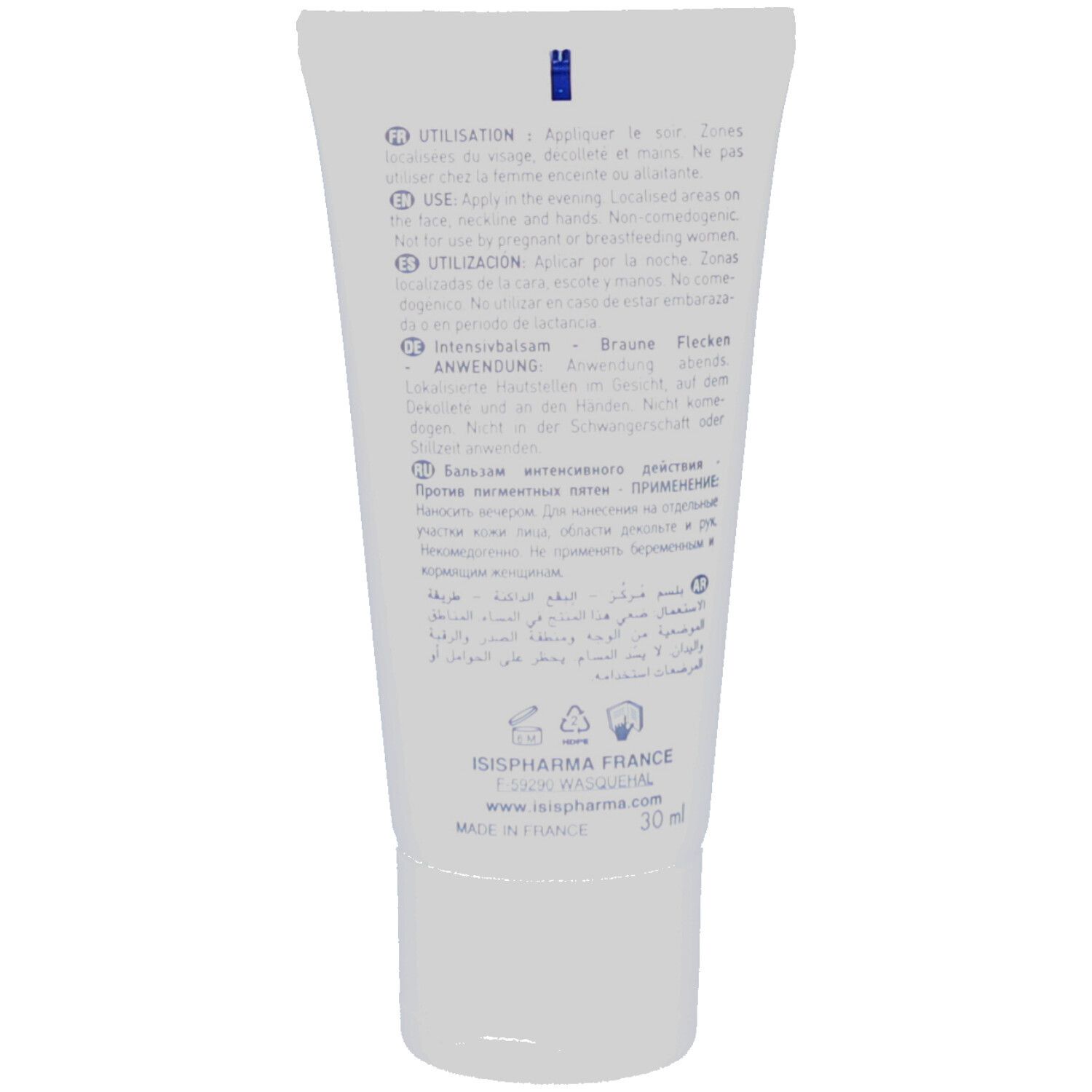 Achterkant van de tube. Meertalige gebruiksaanwijzing. ISISPHARMA, Made in France, 30 ml.