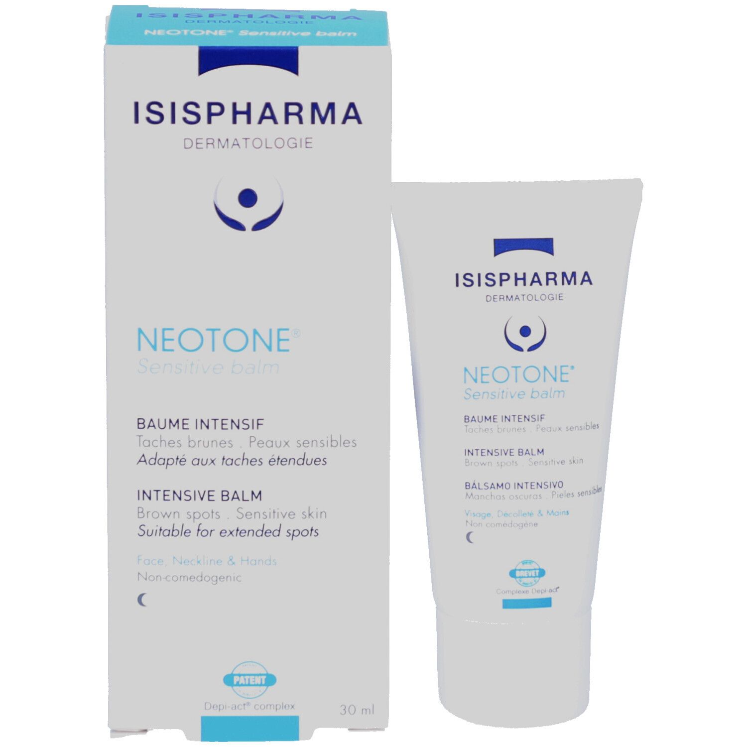 Verpakking en tube. Verpakking: ISISPHARMA, Neotone Sensitive Balm. Tube: zelfde ontwerp.