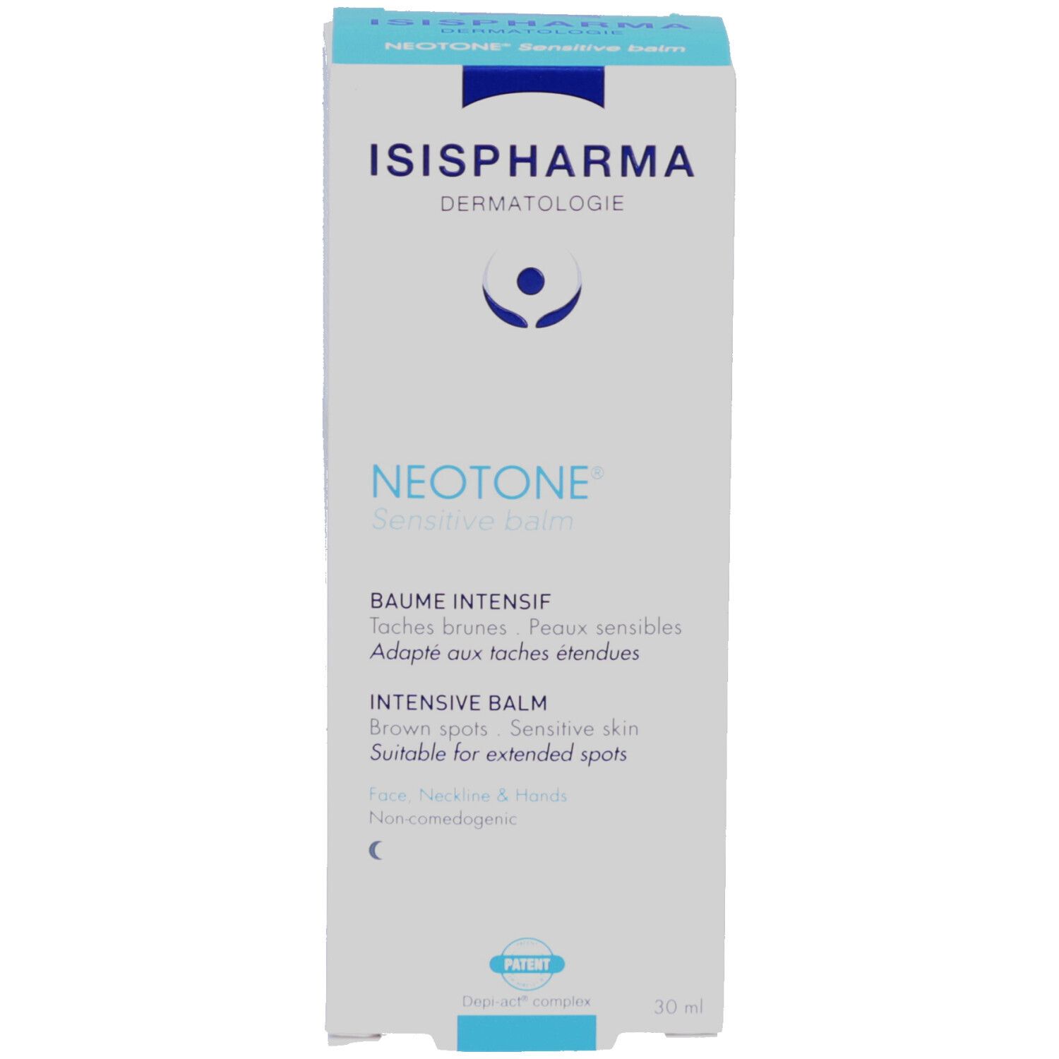 Productverpakking. ISISPHARMA, Neotone Sensitive Balm. Tekst: Baume Intensif, Bruine vlekken, Gevoelige huid.