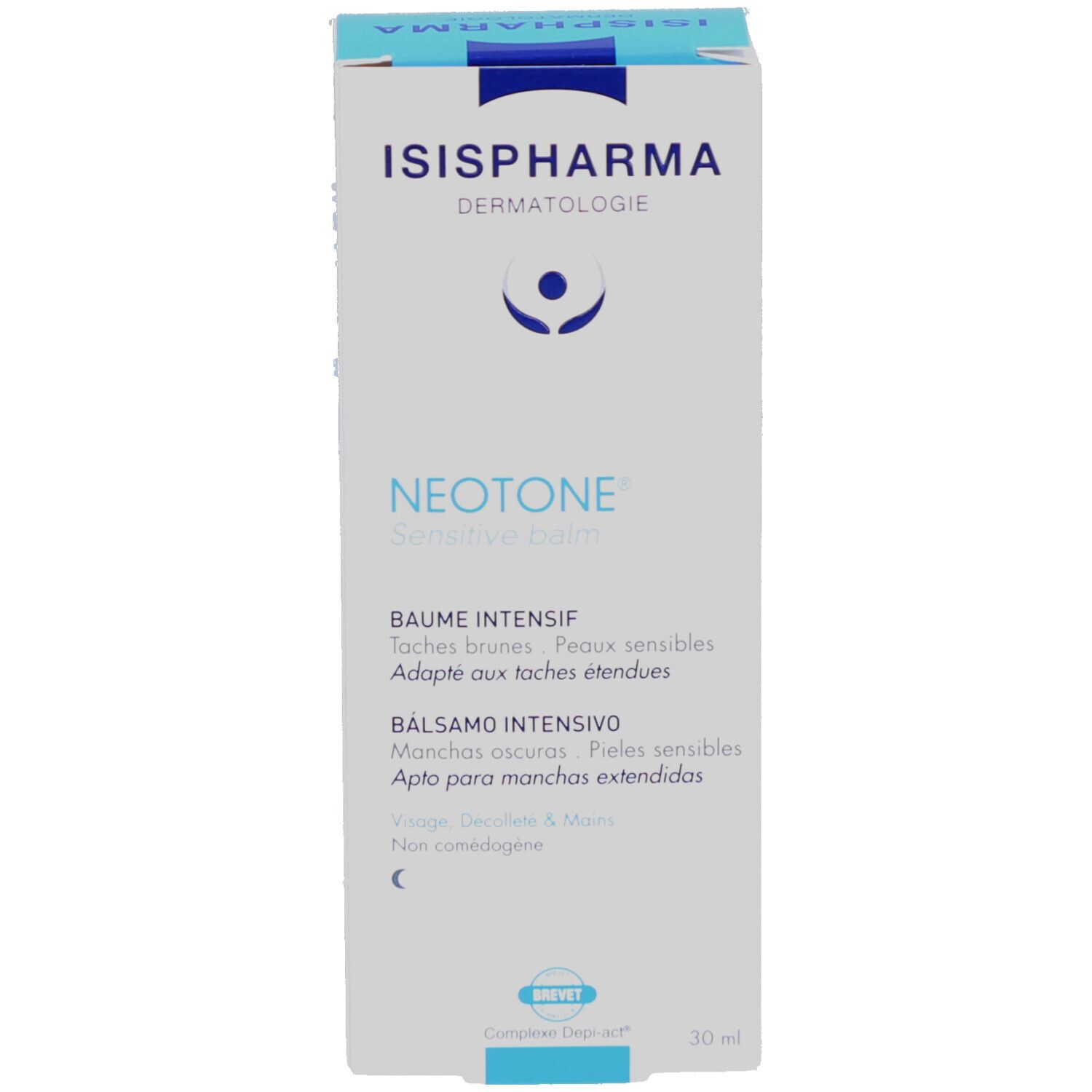 Productverpakking. ISISPHARMA, Neotone Sensitive Balm. Tekst: Baume Intensif, Bruine vlekken, Gevoelige huid.