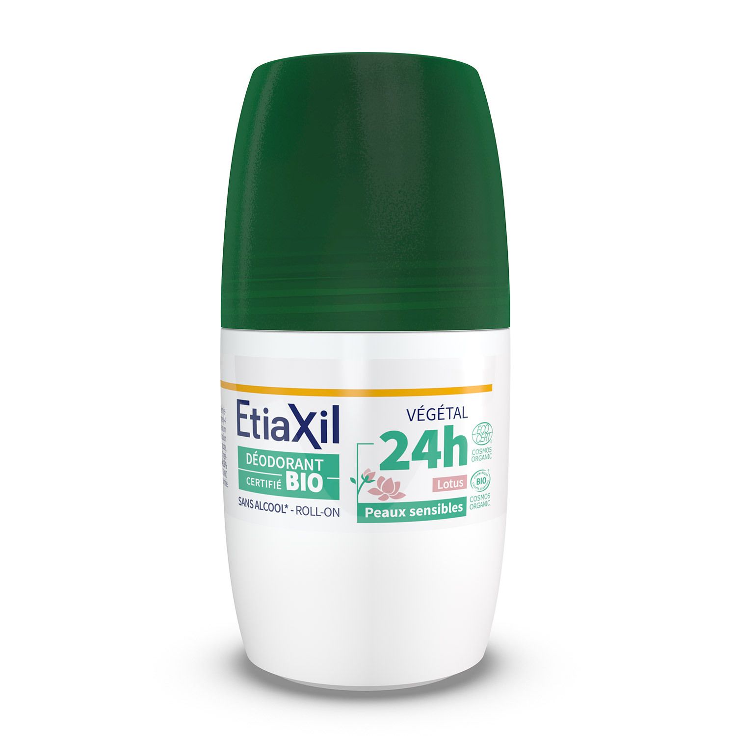 Roll-on deodorant met groene dop. Etiaxil, Végétal 24H, gecertificeerd BIO. Gevoelige huid.