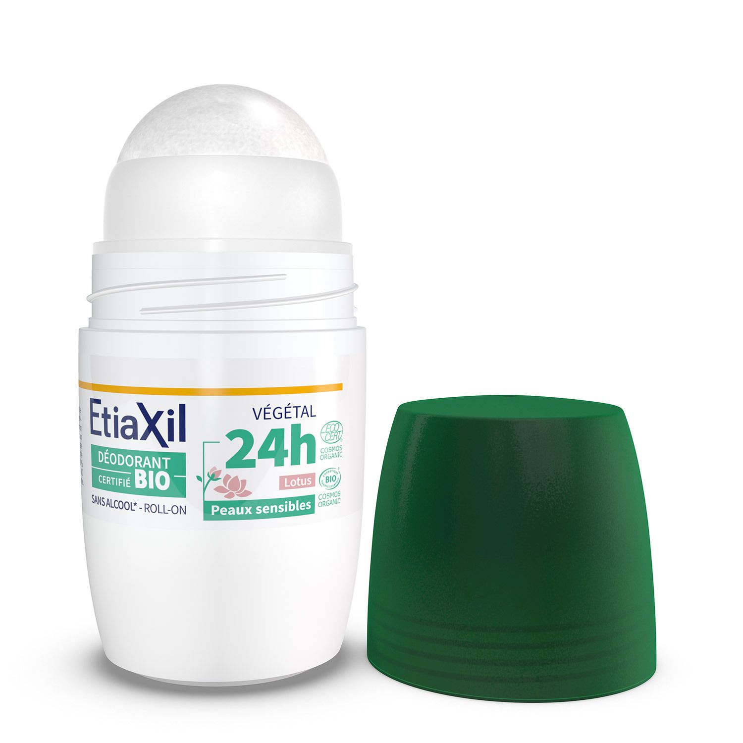 Roll-on deodorant met open dop. Etiaxil, Végétal 24H, gecertificeerd BIO. Gevoelige huid.