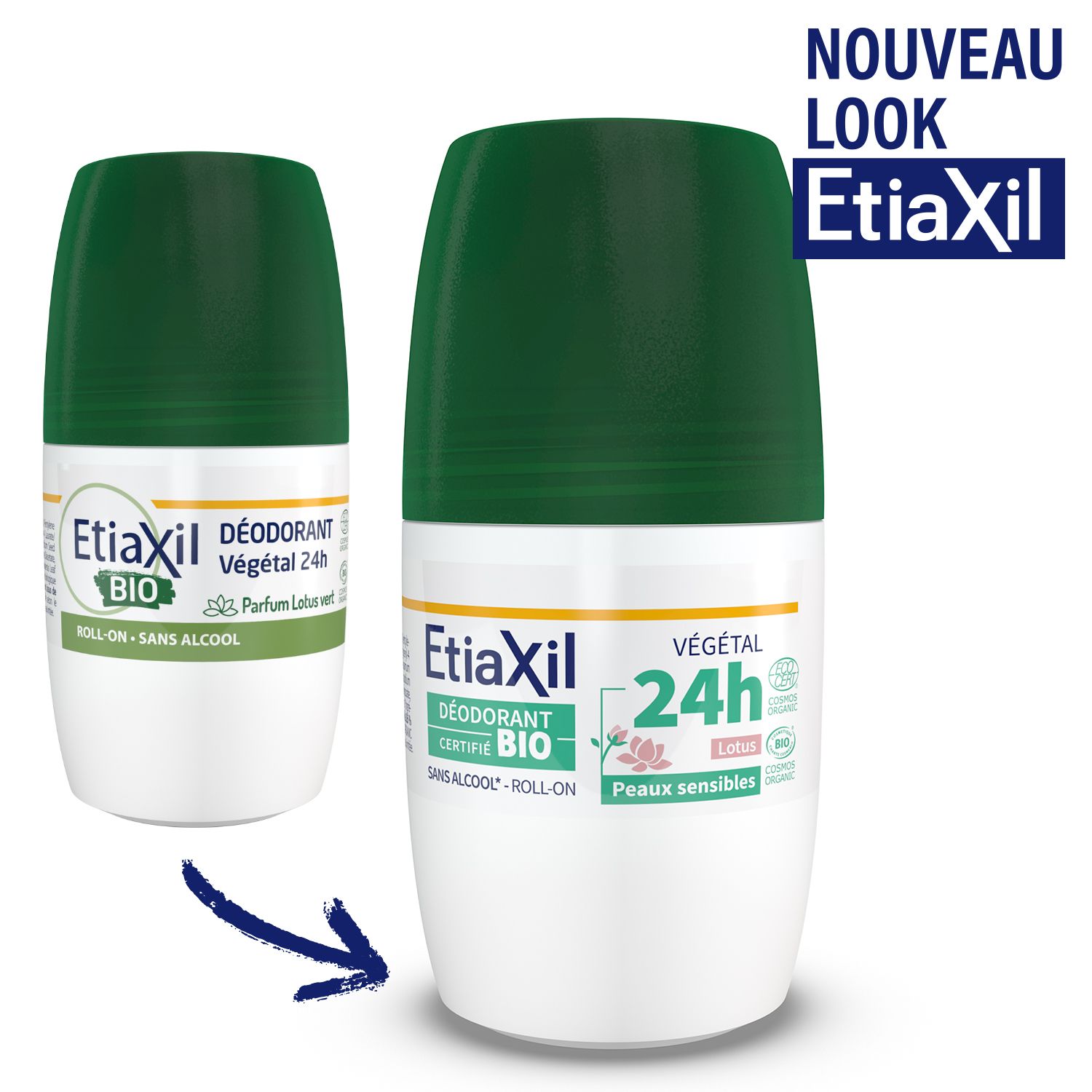 Twee roll-on deodorants. Etiaxil, Végétal 24H, gecertificeerd BIO. Nieuw design. Pijl.