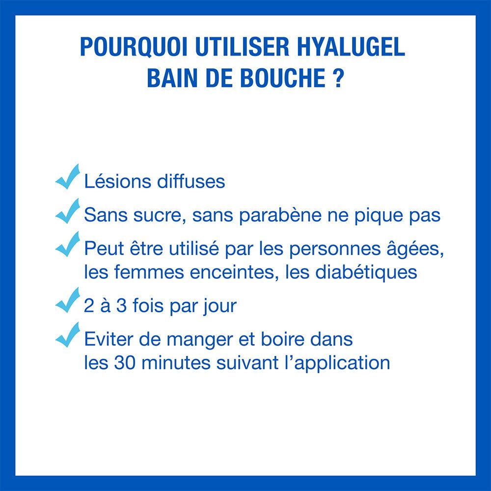 Blauwe infographic: Waarom Hyalugel Bain de bouche? Diffuse laesies, suikervrij, voor zwangere vrouwen, 2-3 keer per dag.