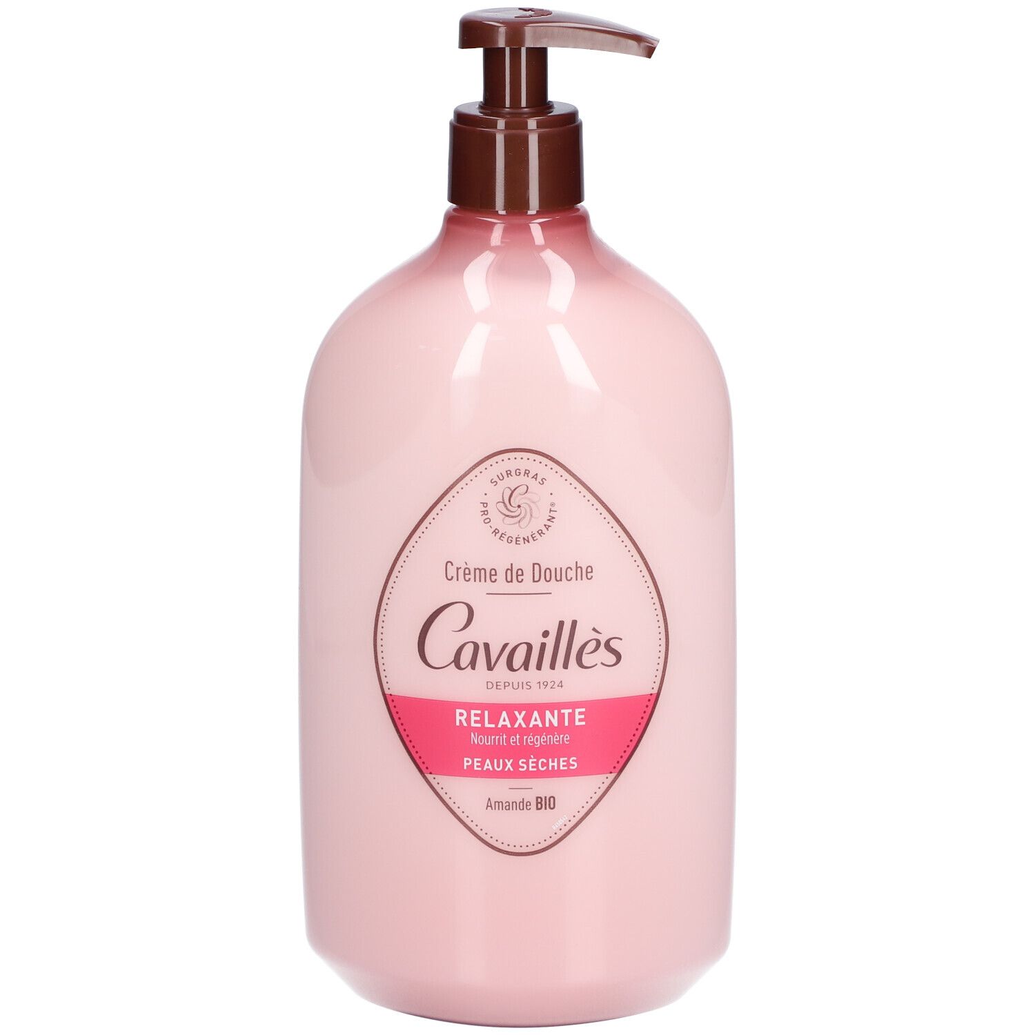 Flacon rose avec pompe marron. Étiquette Cavaillès, Crème de Douche Relaxante, pour peaux sèches.