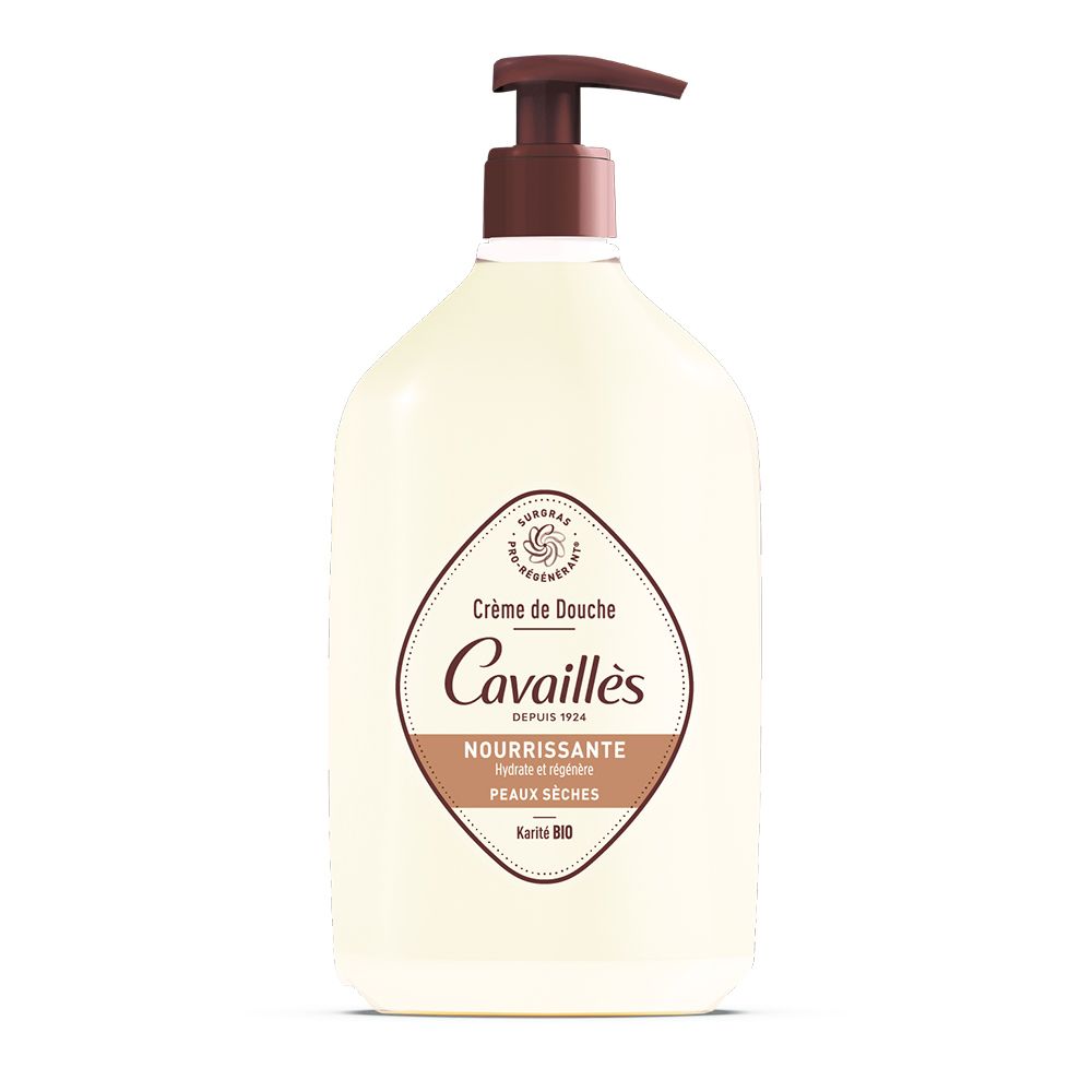 Flacon de Cavaillès Crème de Douche Nourrissante avec pompe marron. Étiquette avec nom du produit et texte.