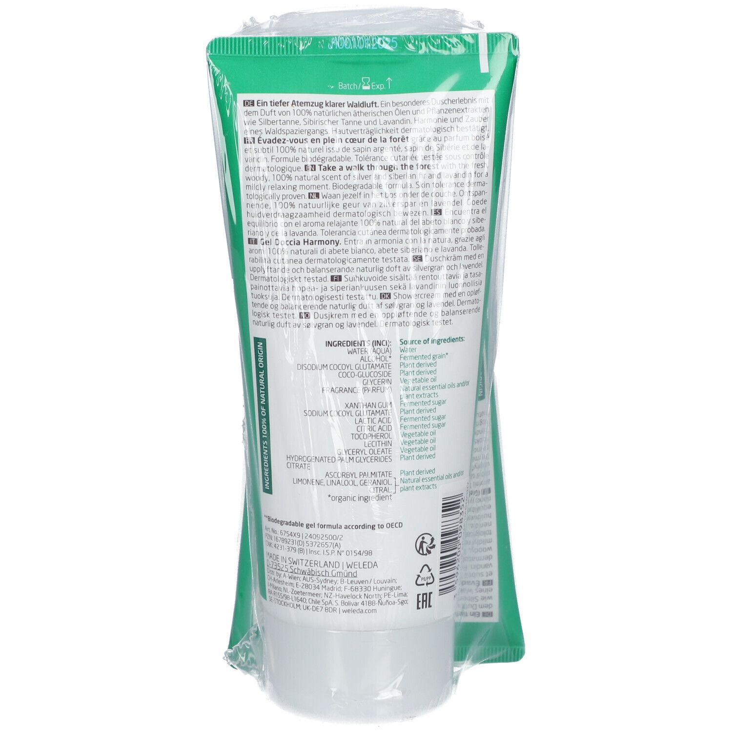 Gel Douche bien-être Aroma Weleda. Tube blanc dans emballage vert. Texte au dos. Film transparent.