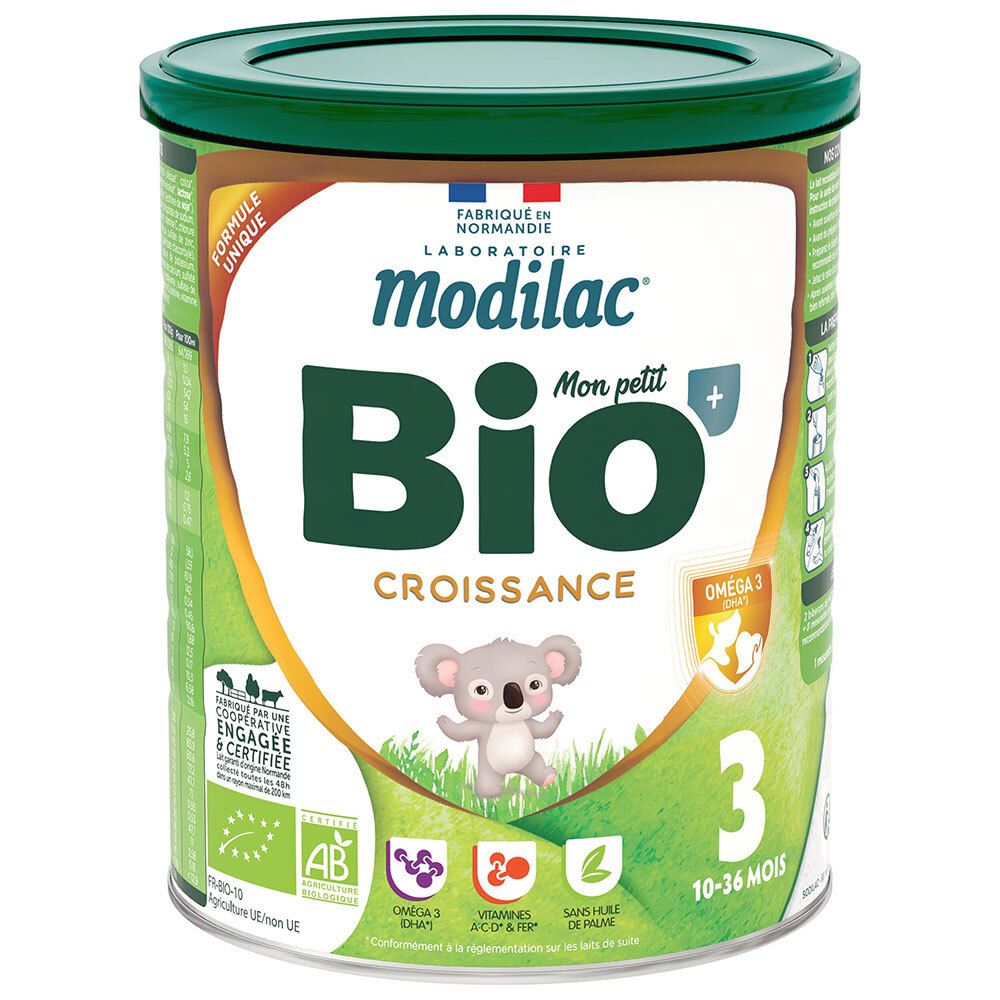 Boîte de lait Modilac 3 Bio Croissance avec motif koala et logos Bio.