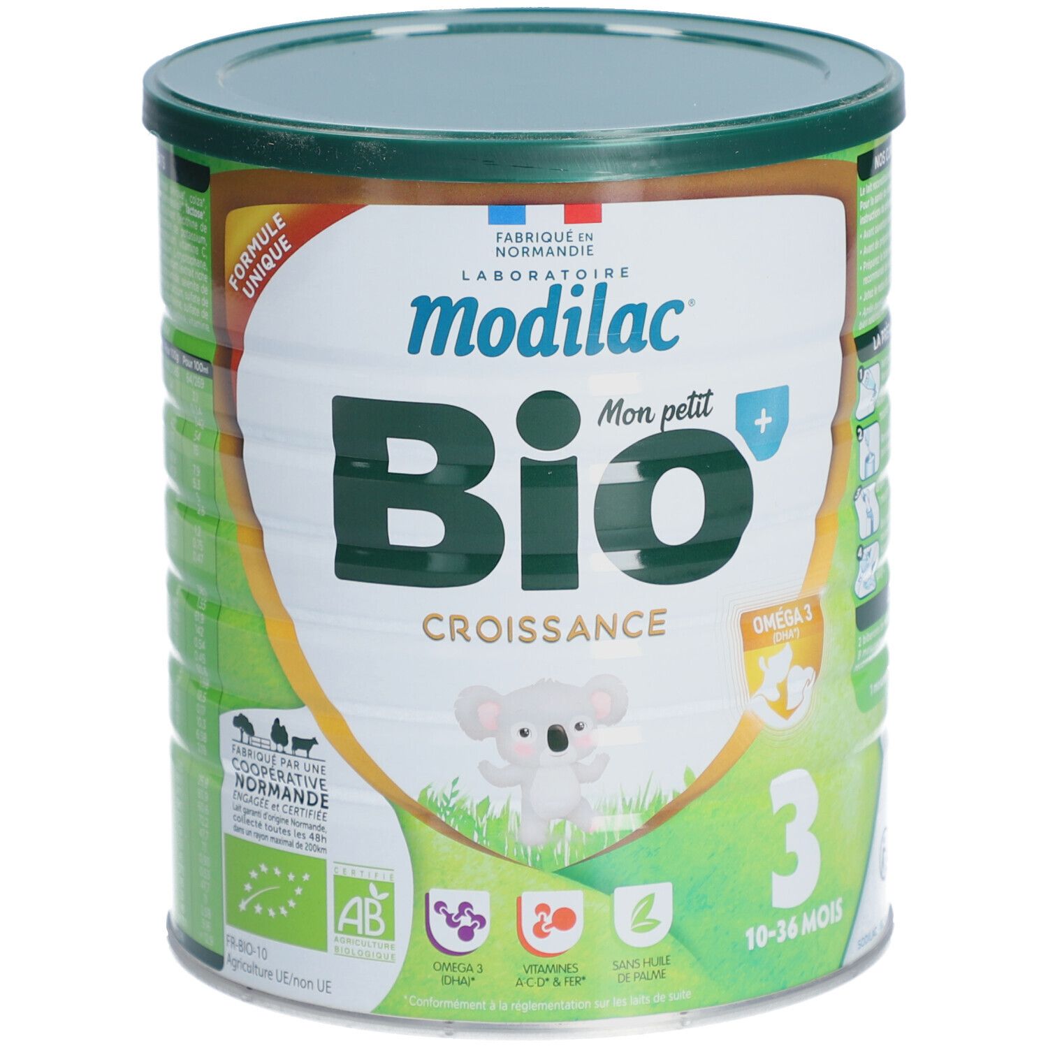 Boîte verte Modilac Bio Croissance 3. Inscriptions : Bio, Oméga 3, illustration koala, 10-36 mois.