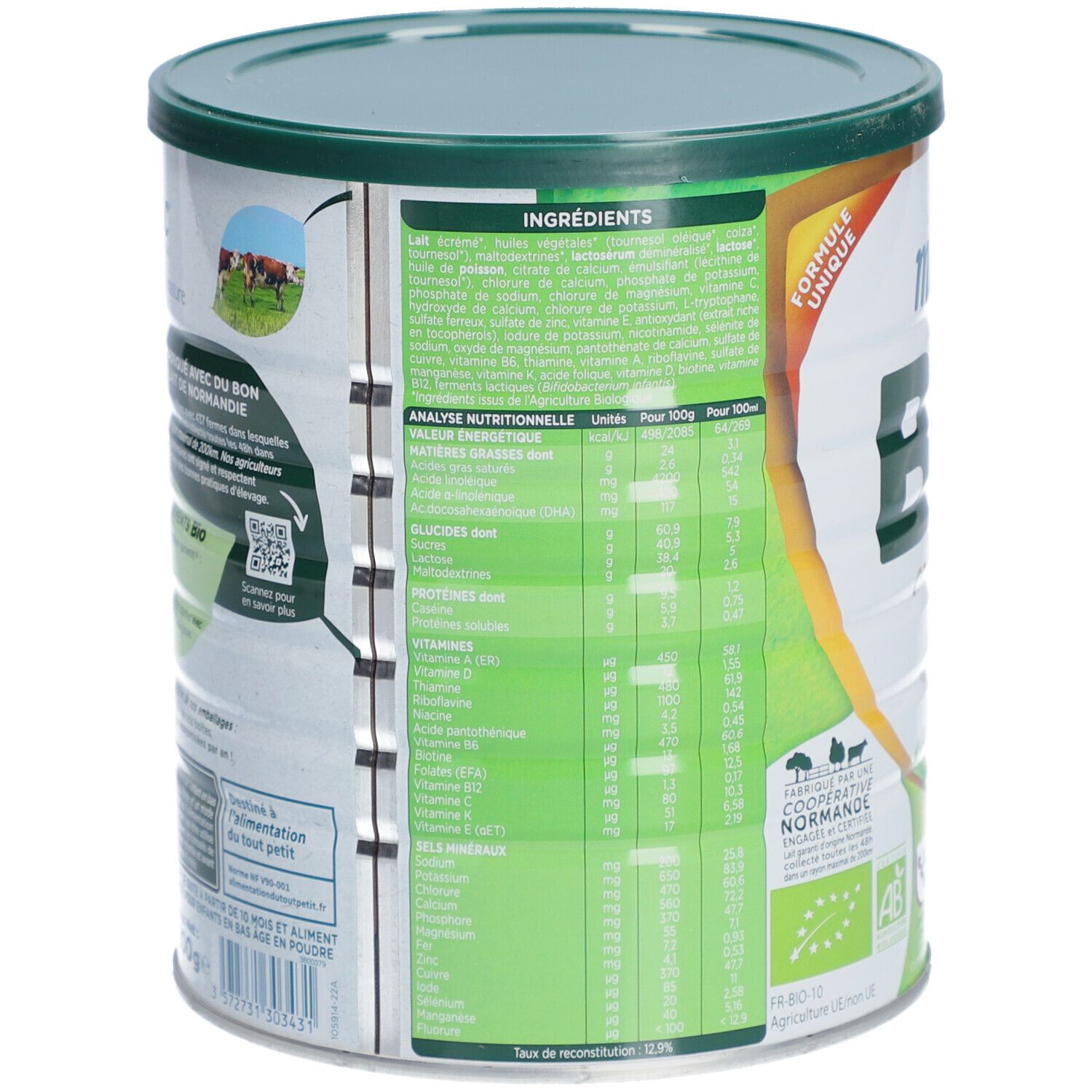 Dos de la boîte Modilac Bio Croissance 3. Contient la liste des ingrédients et les informations nutritionnelles.