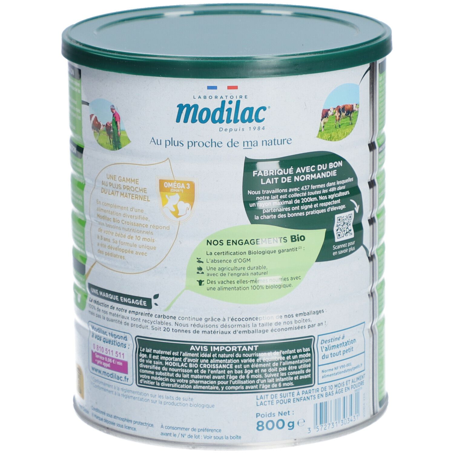 Dos de la boîte Modilac Bio Croissance 3. Texte sur la marque, la certification Bio et l'origine.